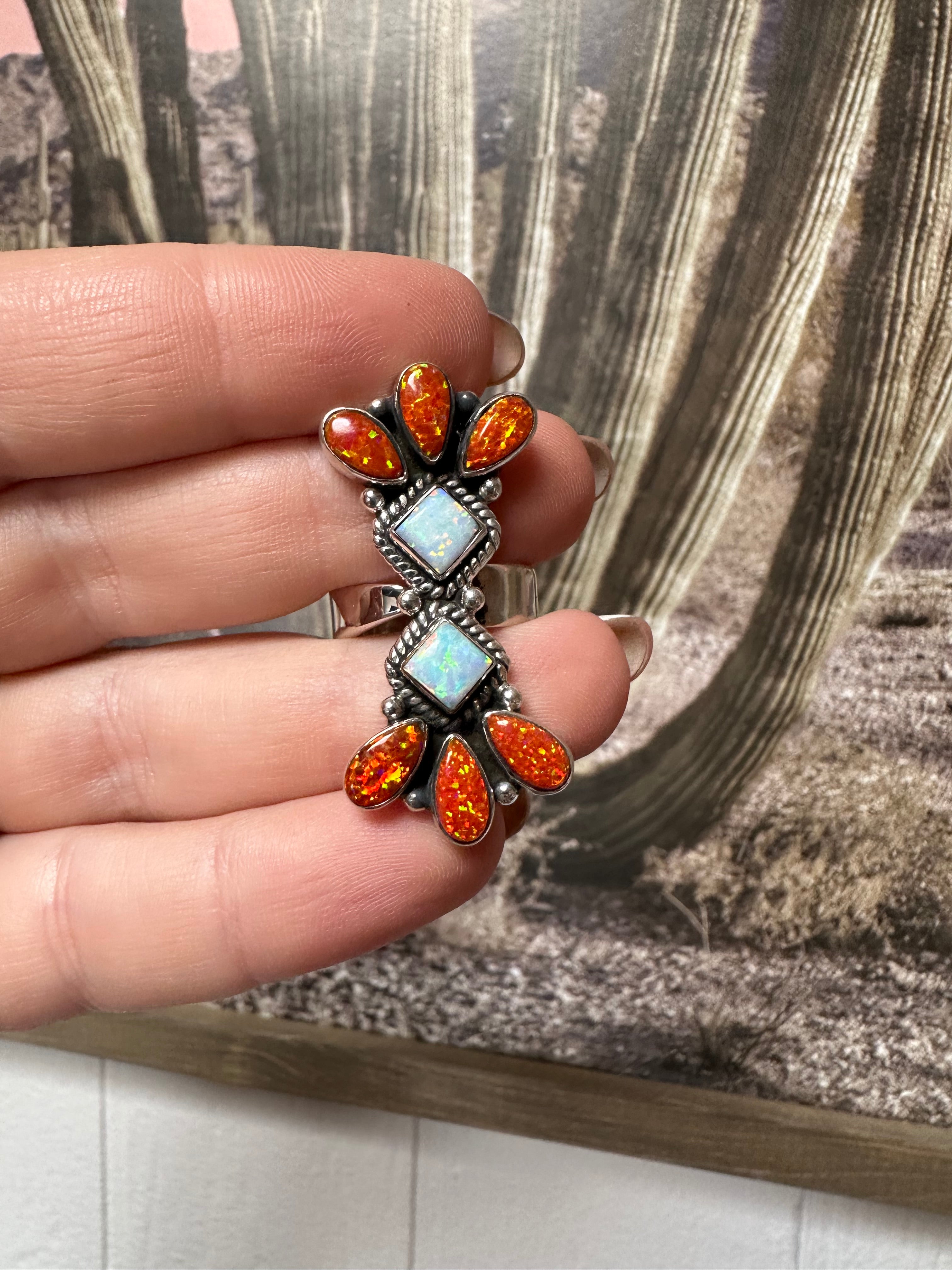 Handmade Fire Opal & Sterling Silver Adjustable Ring Signed Nizhoni