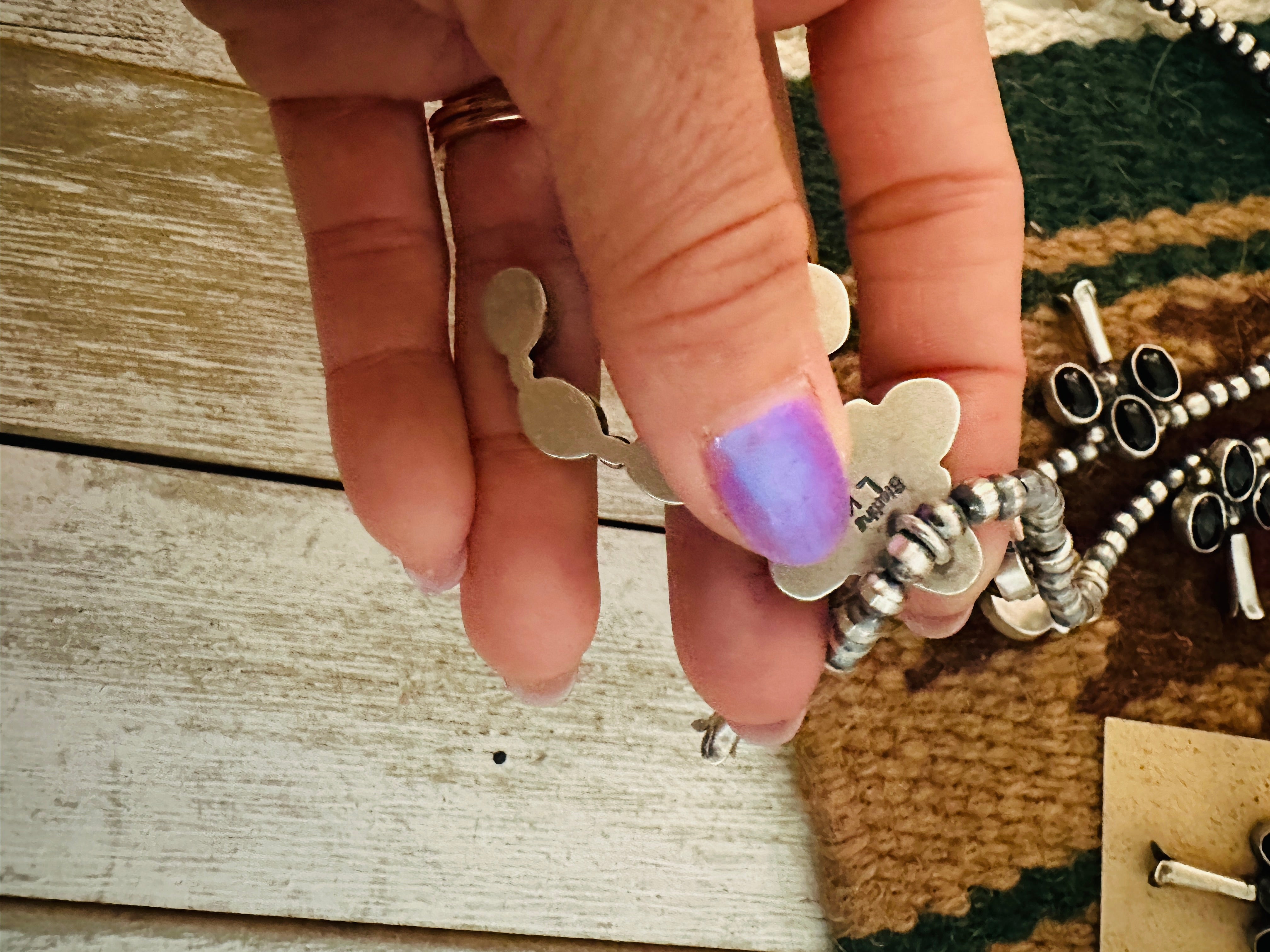 Navajo Sterling Silver & Onyx Beaded Squash Blossom Necklace Set