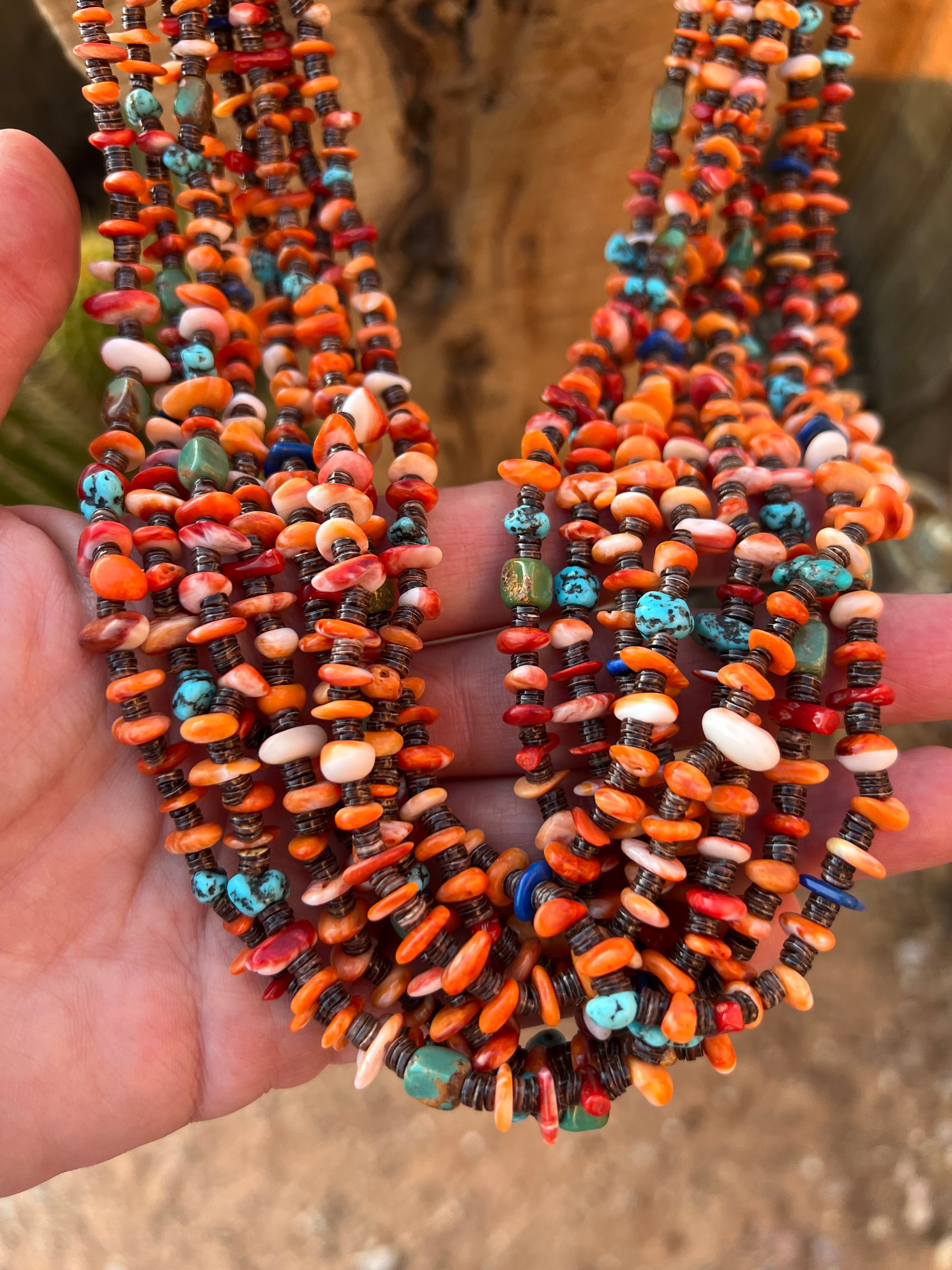 Gorgeous Santo Domingo Made Eight Strand Spiny Oyster and Turquoise Beaded Squaw Wrap Necklace