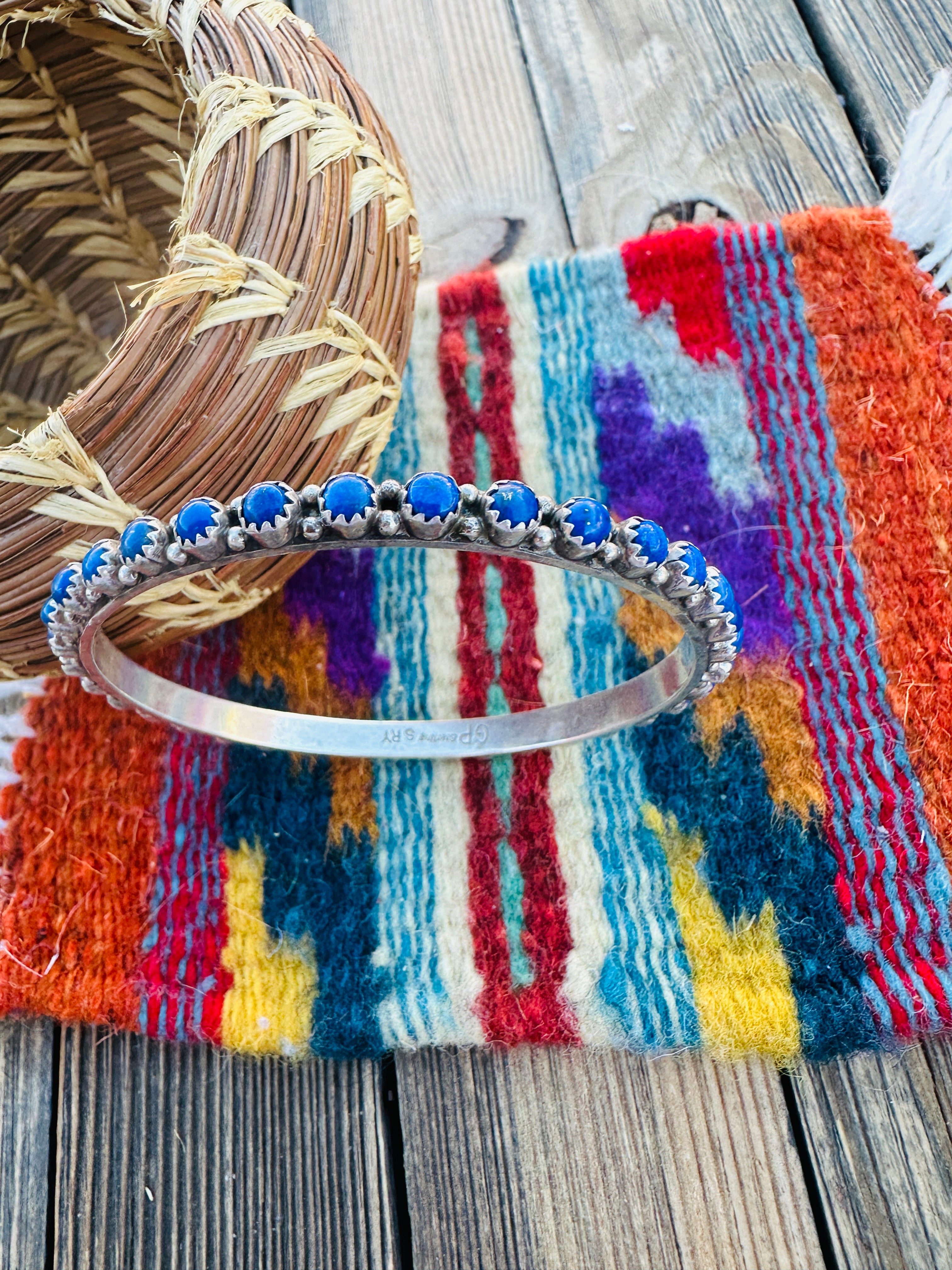 Handcrafted Old Pawn Lapis & Sterling Silver Bangle Bracelet