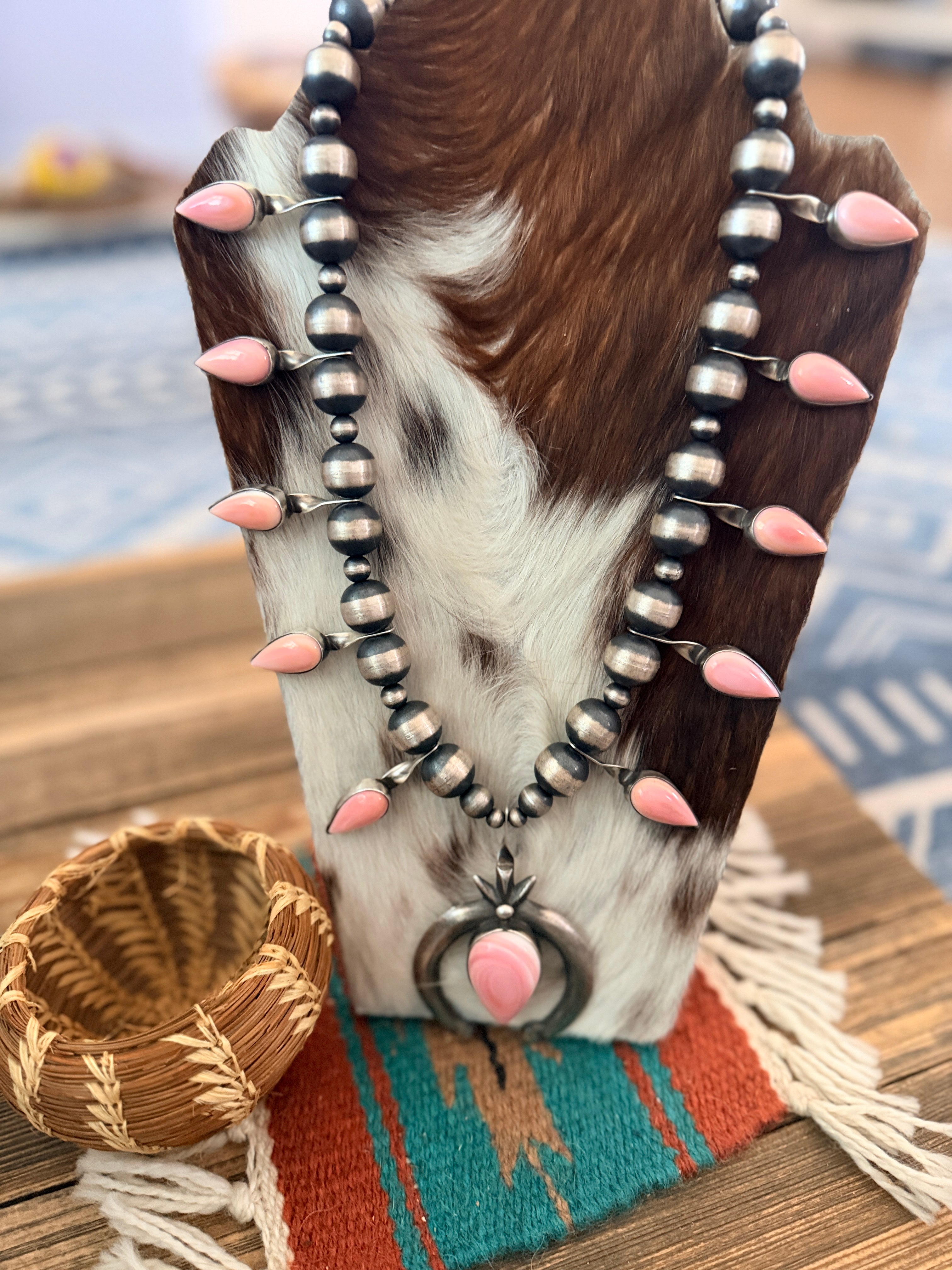 Handcrafted Sterling Silver & Queen Pink Conch Squash Blossom Necklace by Chimney Butte