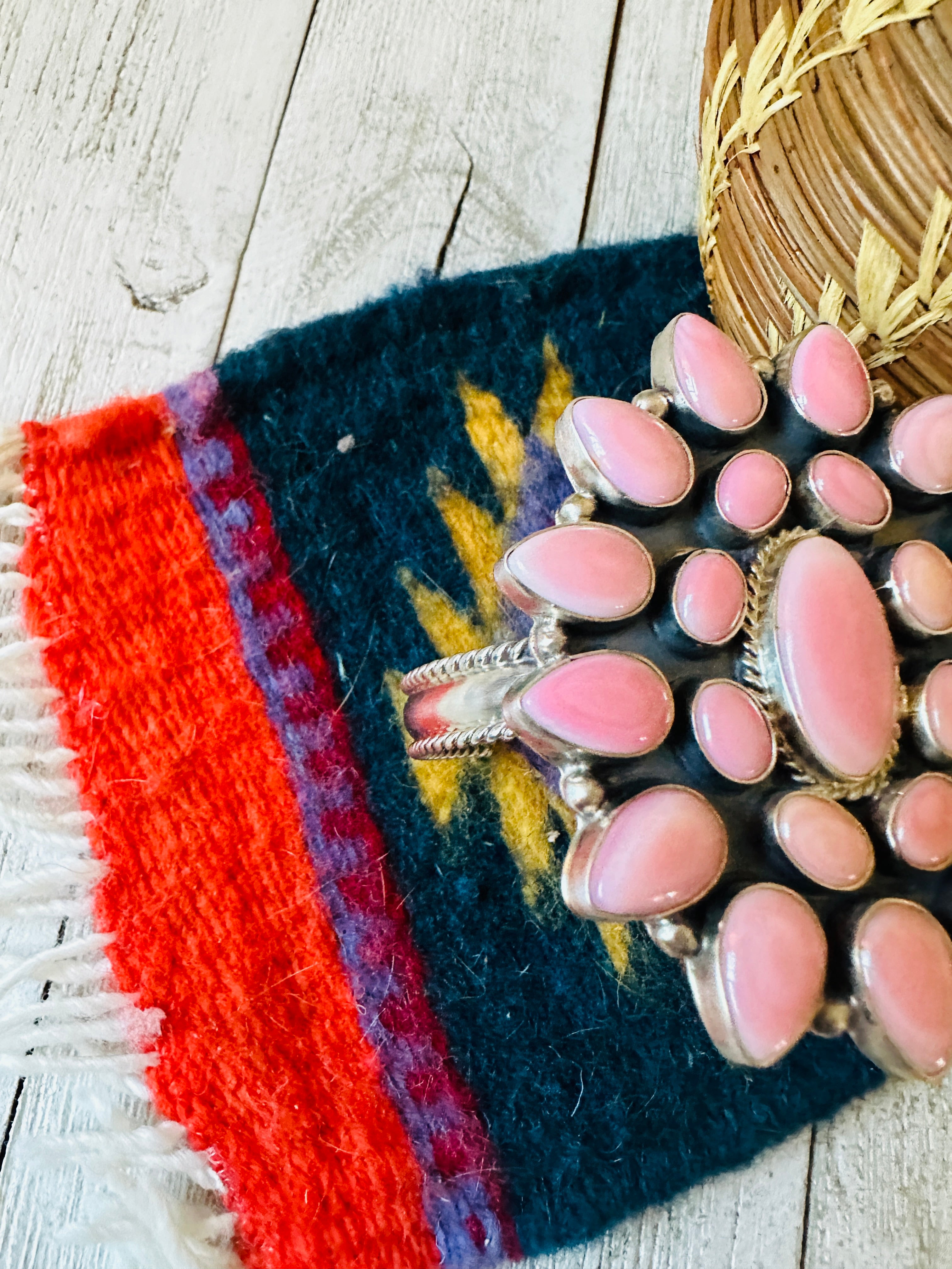 Navajo Queen Pink Conch Shell & Sterling Silver Cluster Cuff Bracelet