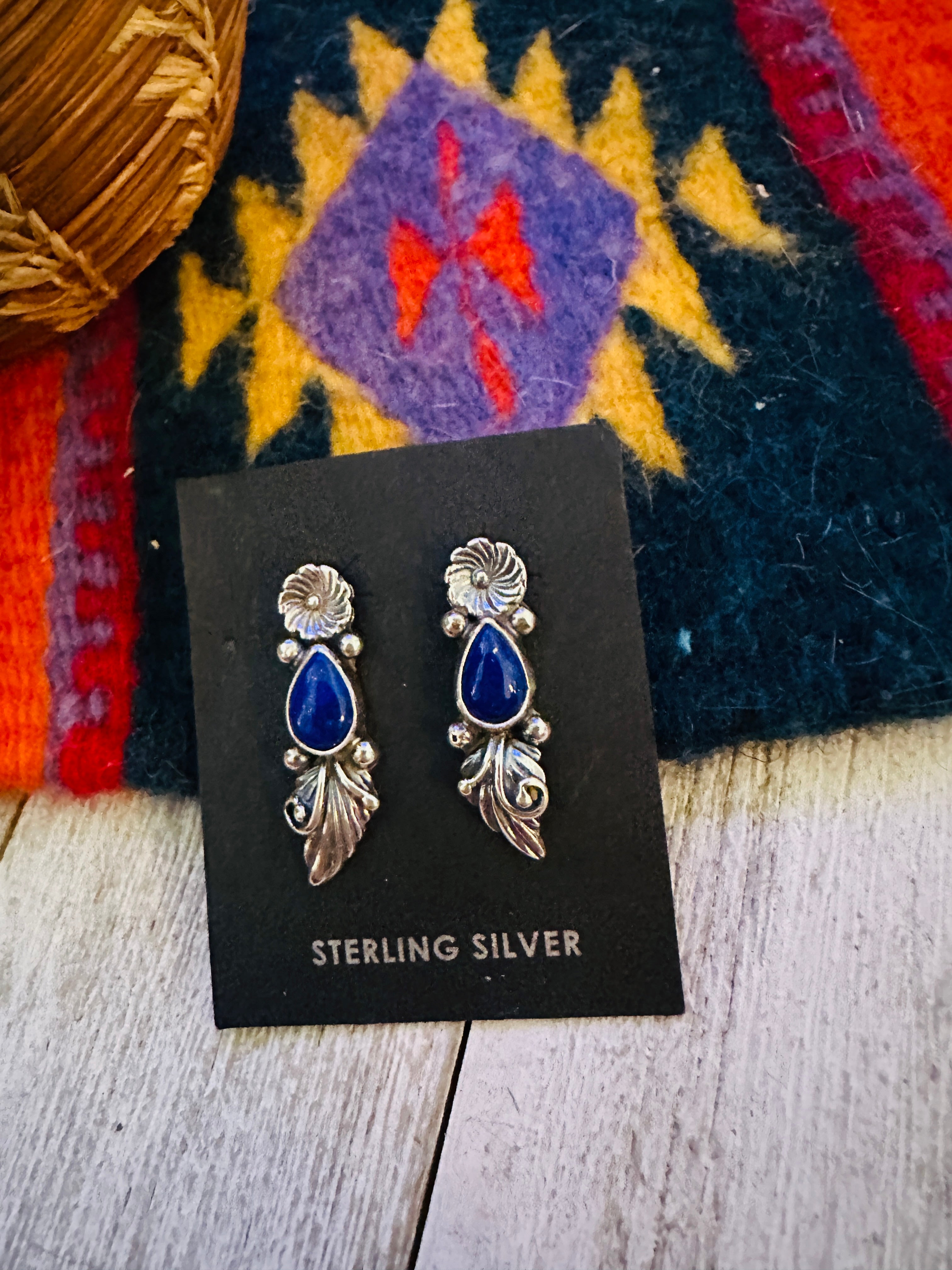 Navajo Lapis and Sterling Silver Flower Dangle Earrings