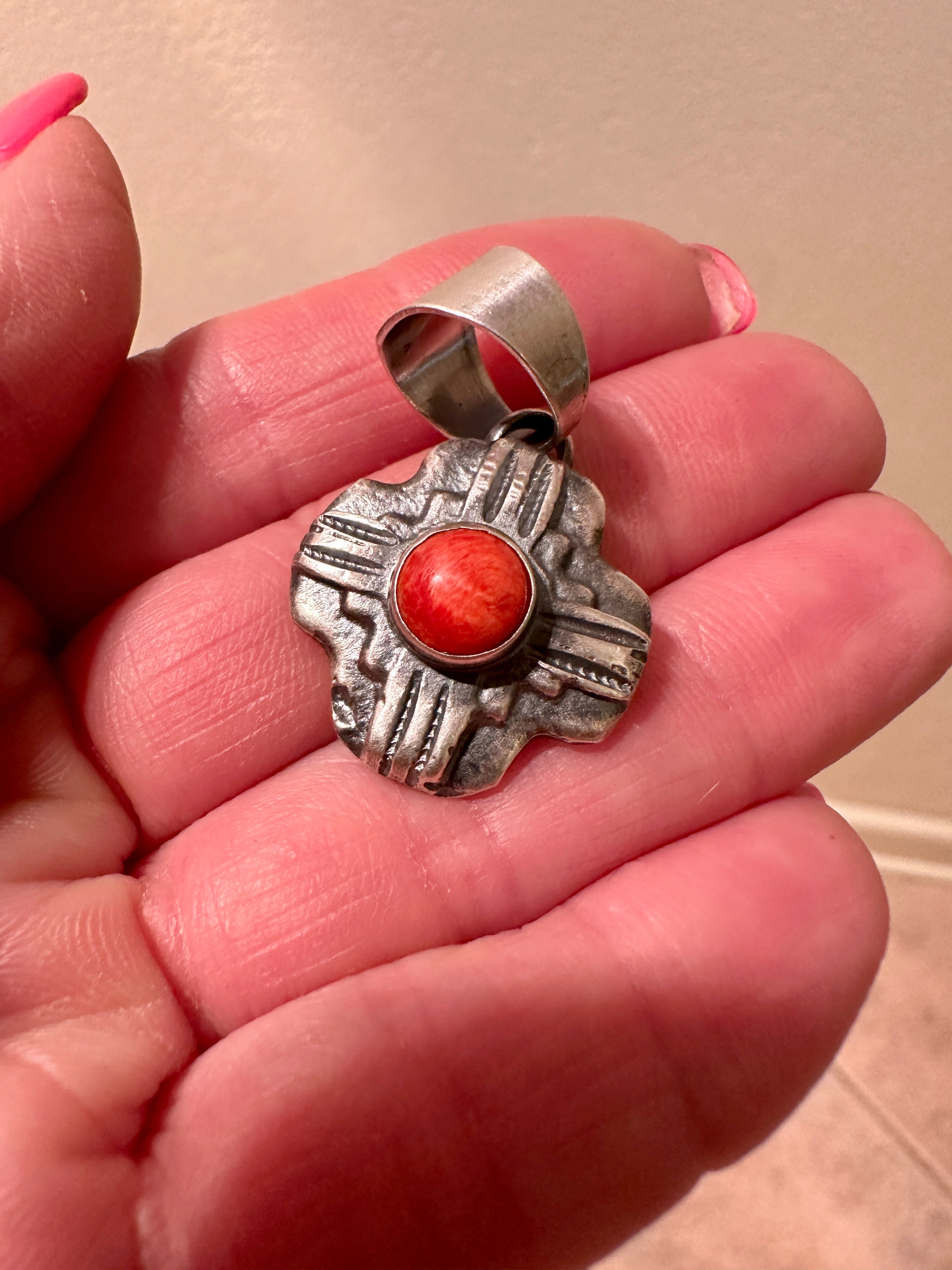 Navajo Sterling Silver Red Coral Zia Pendant By Chimney Butte