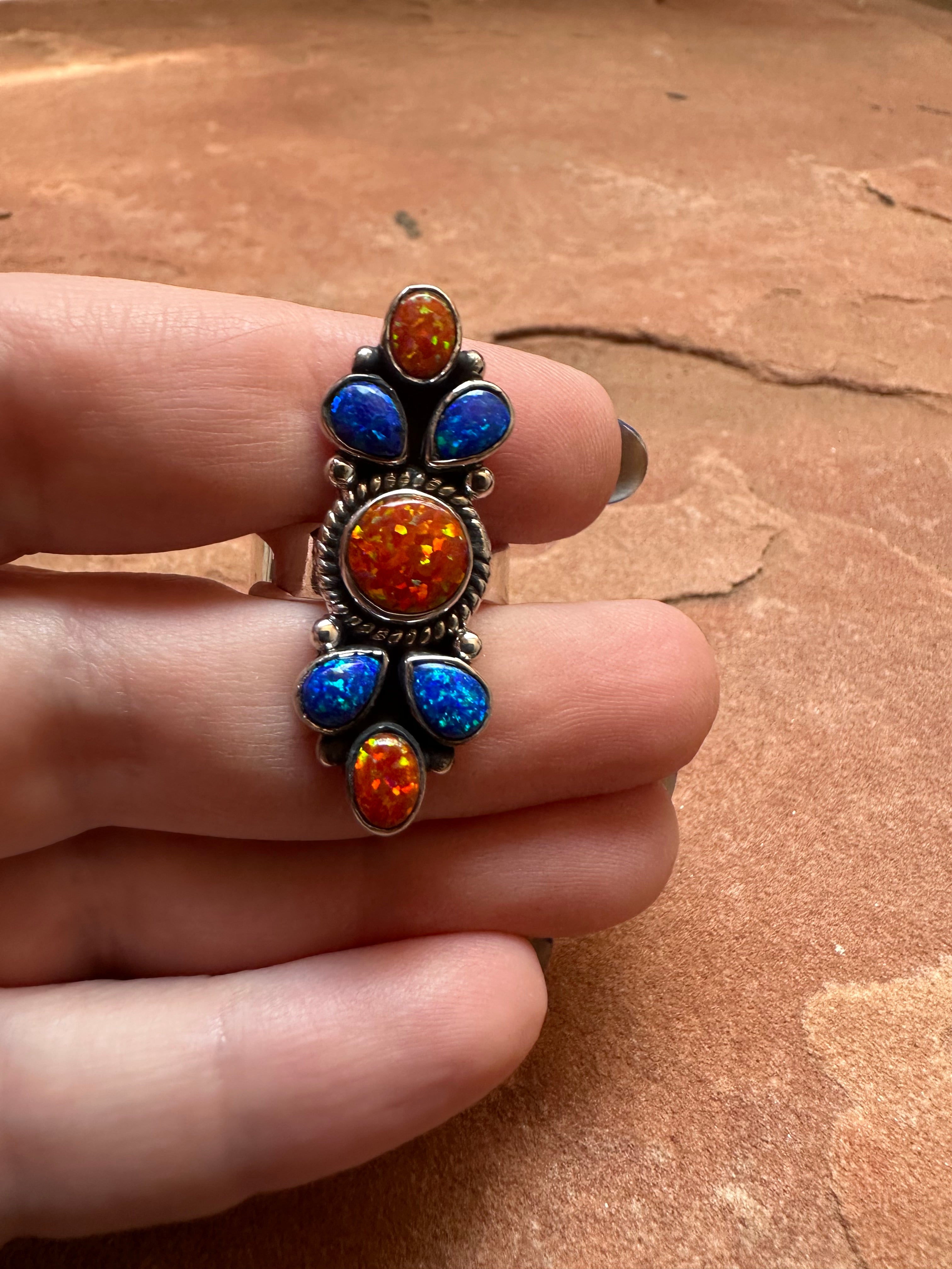 Handmade Blue & Orange Fire Opal And Sterling Silver Adjustable Ring