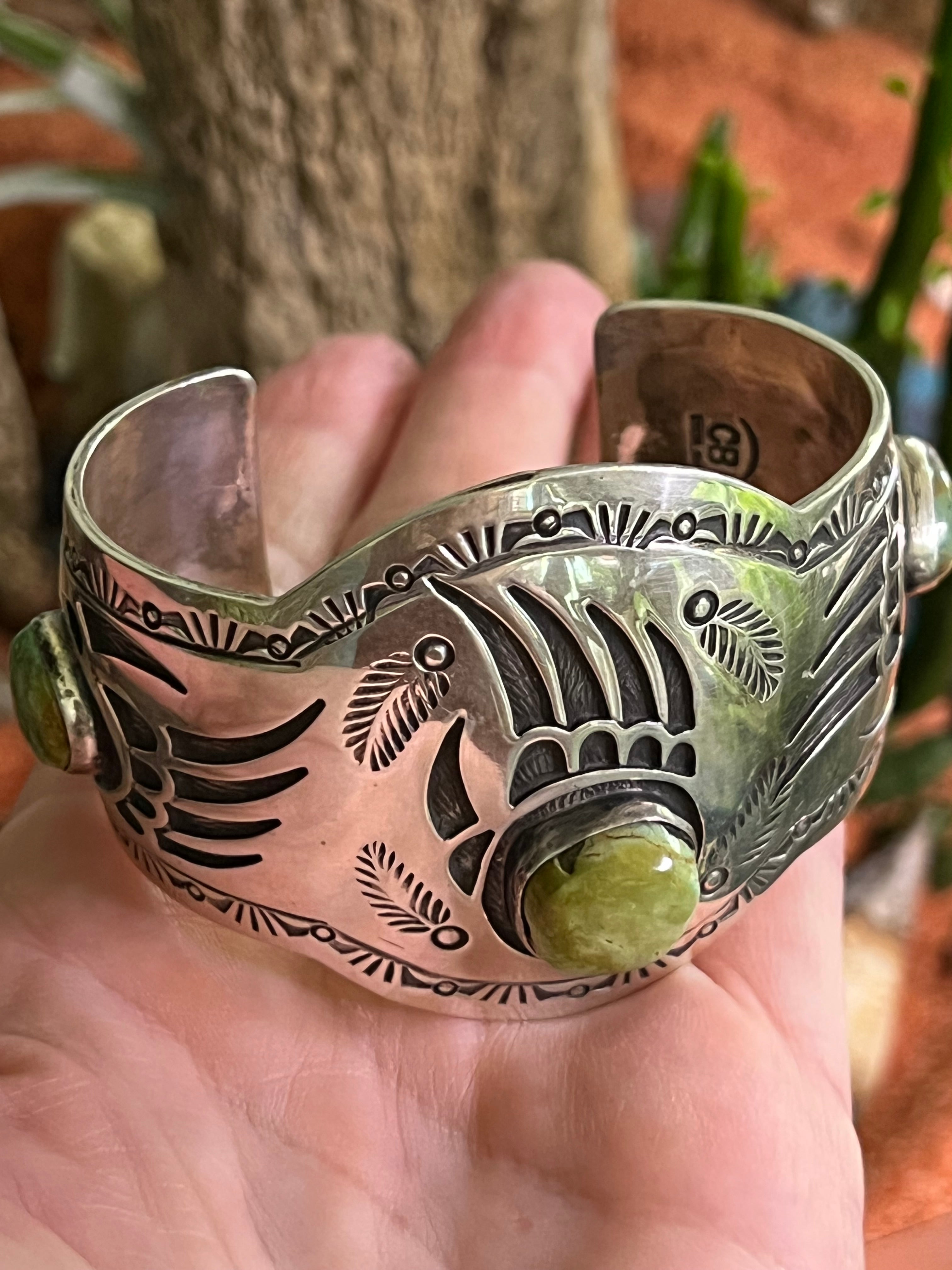 Handcrafted Old Pawn Sterling Silver and Royston Turquoise Overlay Bear Paw Cuff Bracelet by Charlie Bowie /