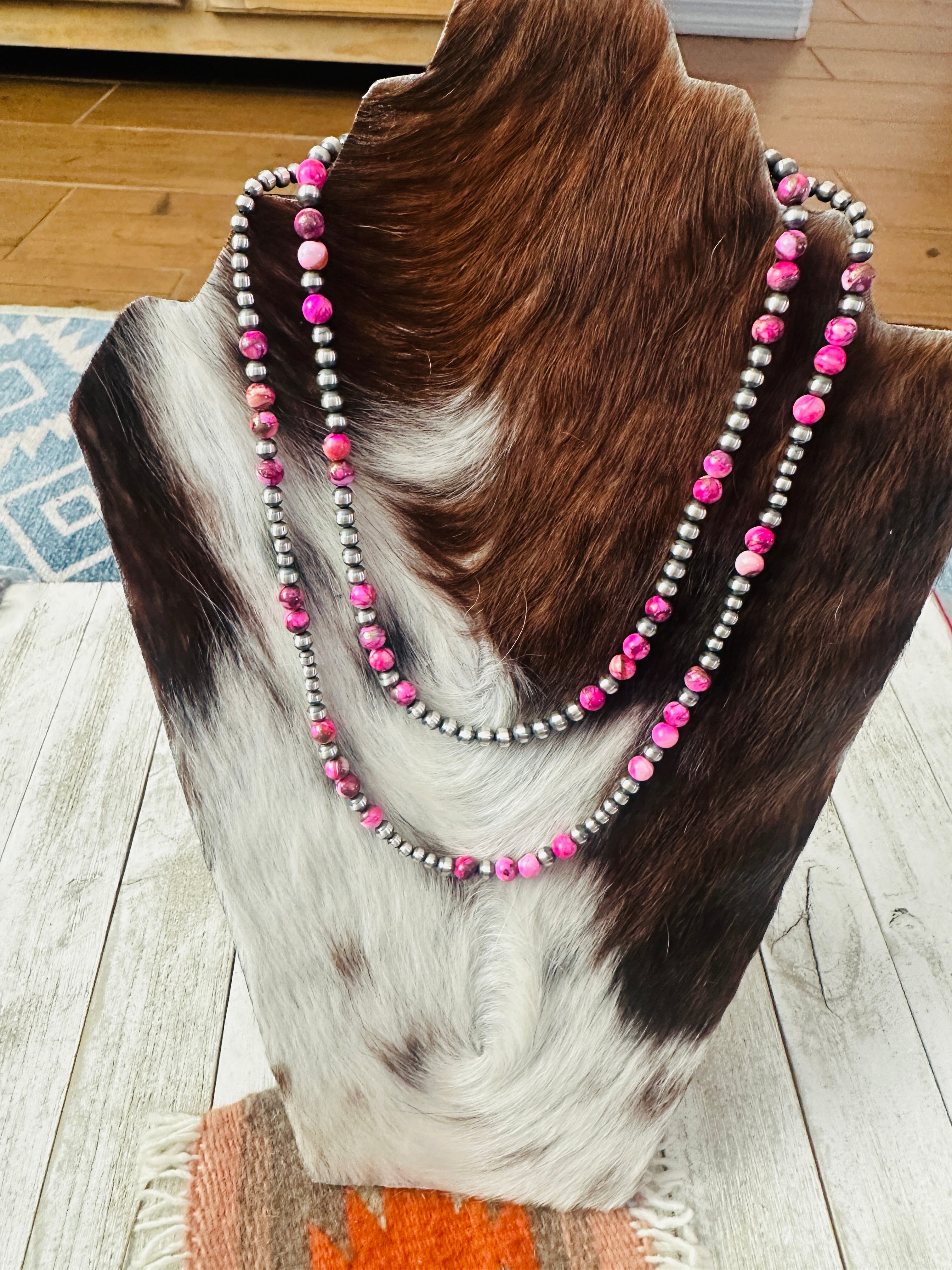 Handcrafted Sterling Silver & Pink Mojave Beaded Necklace