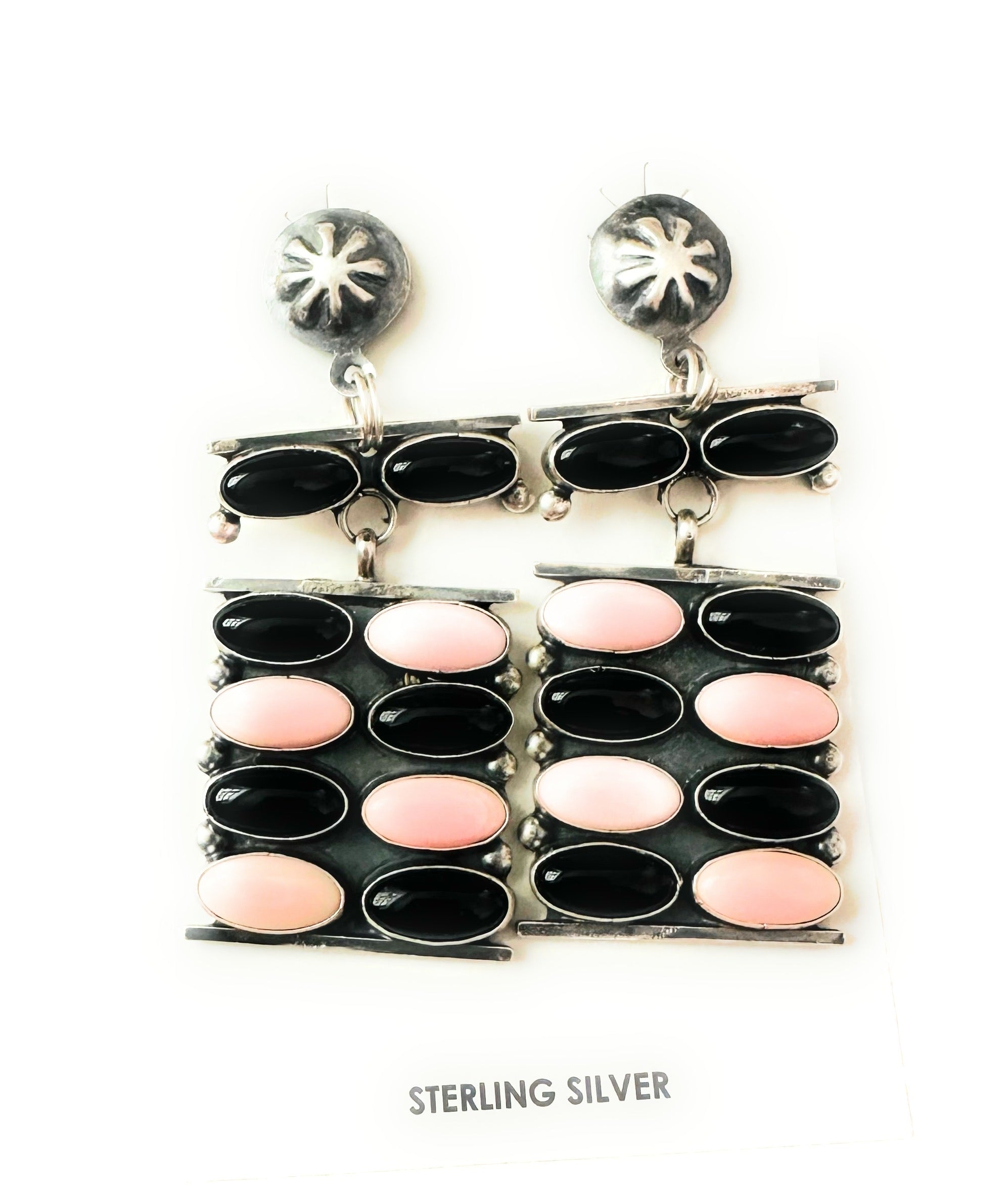 Navajo Queen Pink Conch, Onyx & Sterling Silver Dangle Earrings