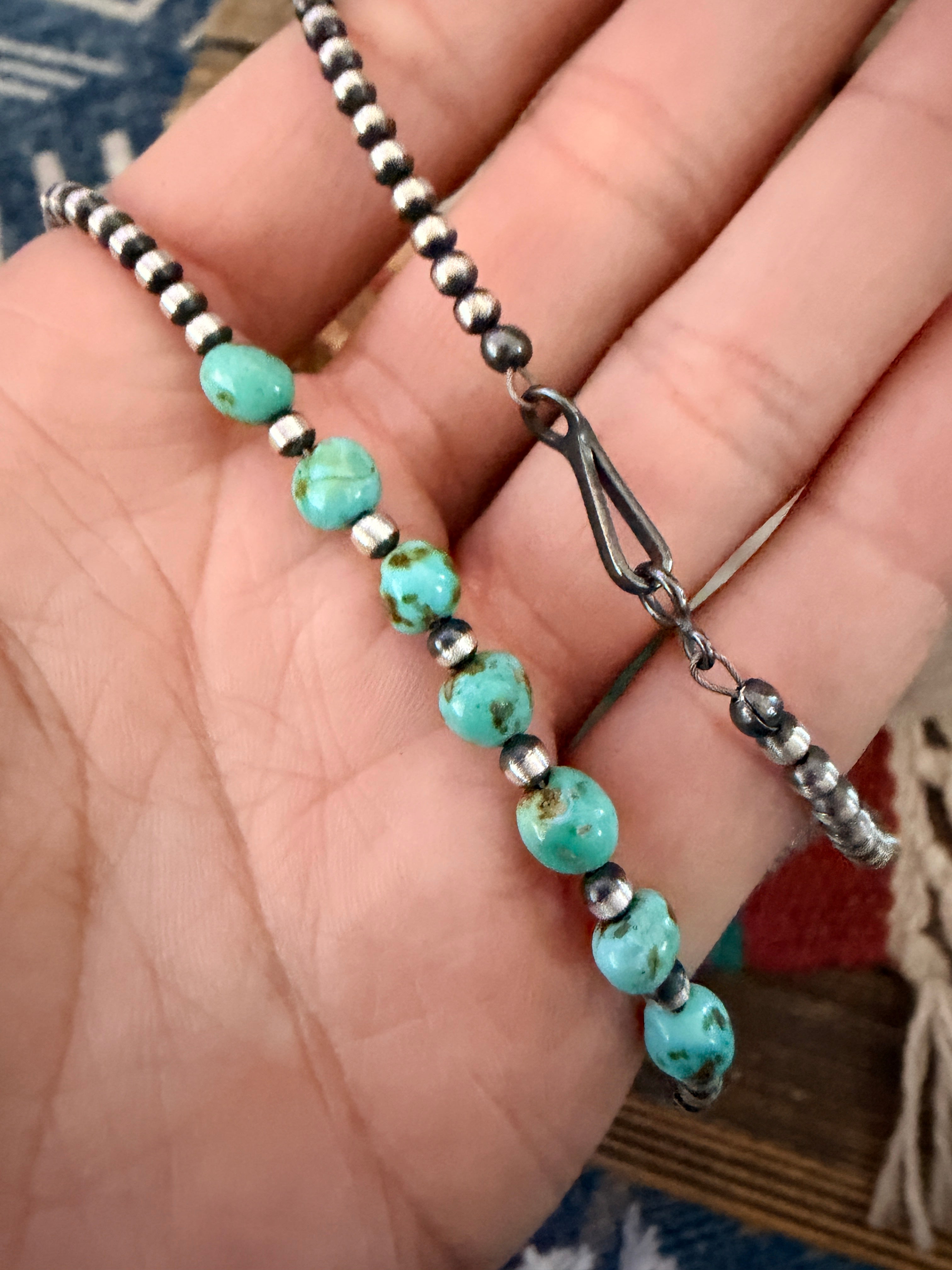 Handcrafted Turquoise & 3mm Sterling Silver Pearl Beaded Necklace