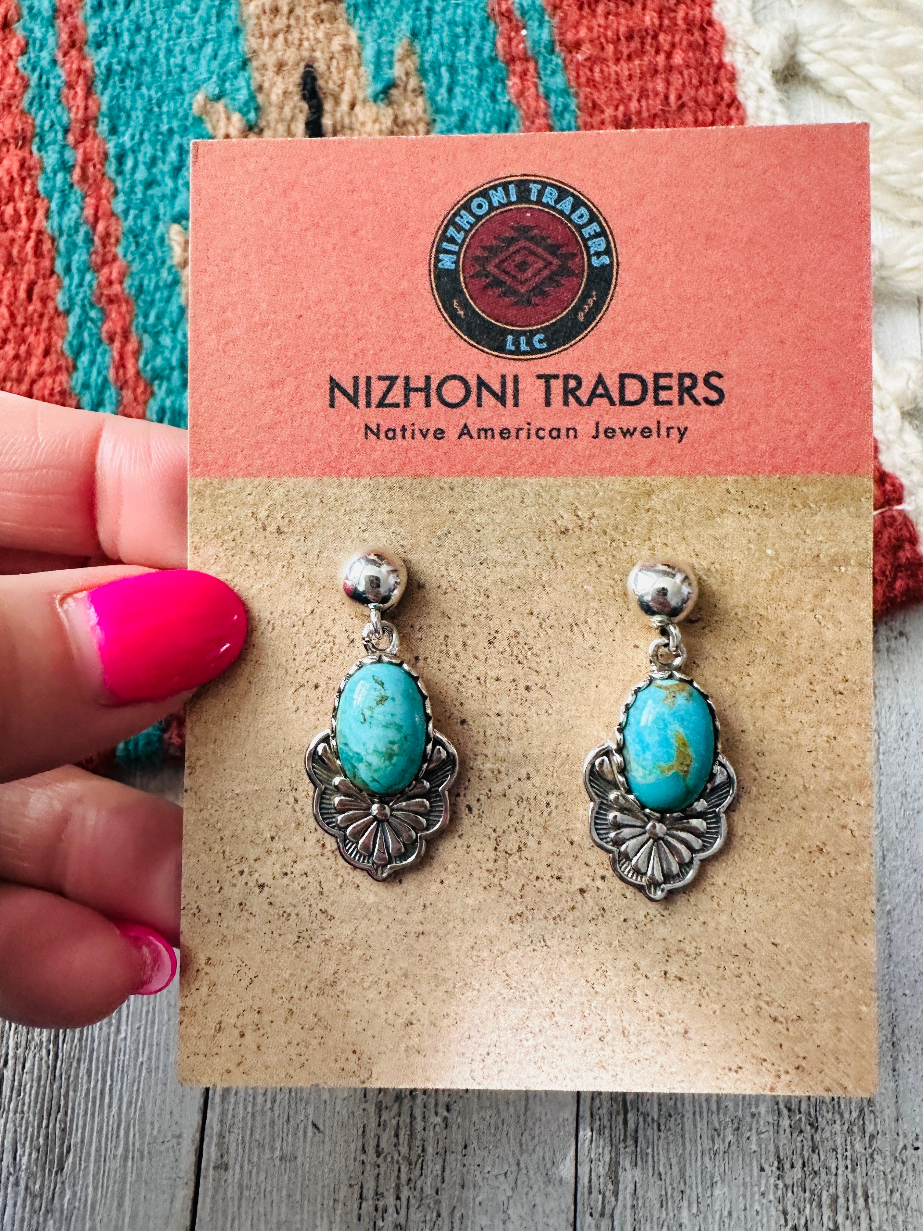 Handmade Turquoise & Sterling Silver Dangle Earrings Signed Nizhoni