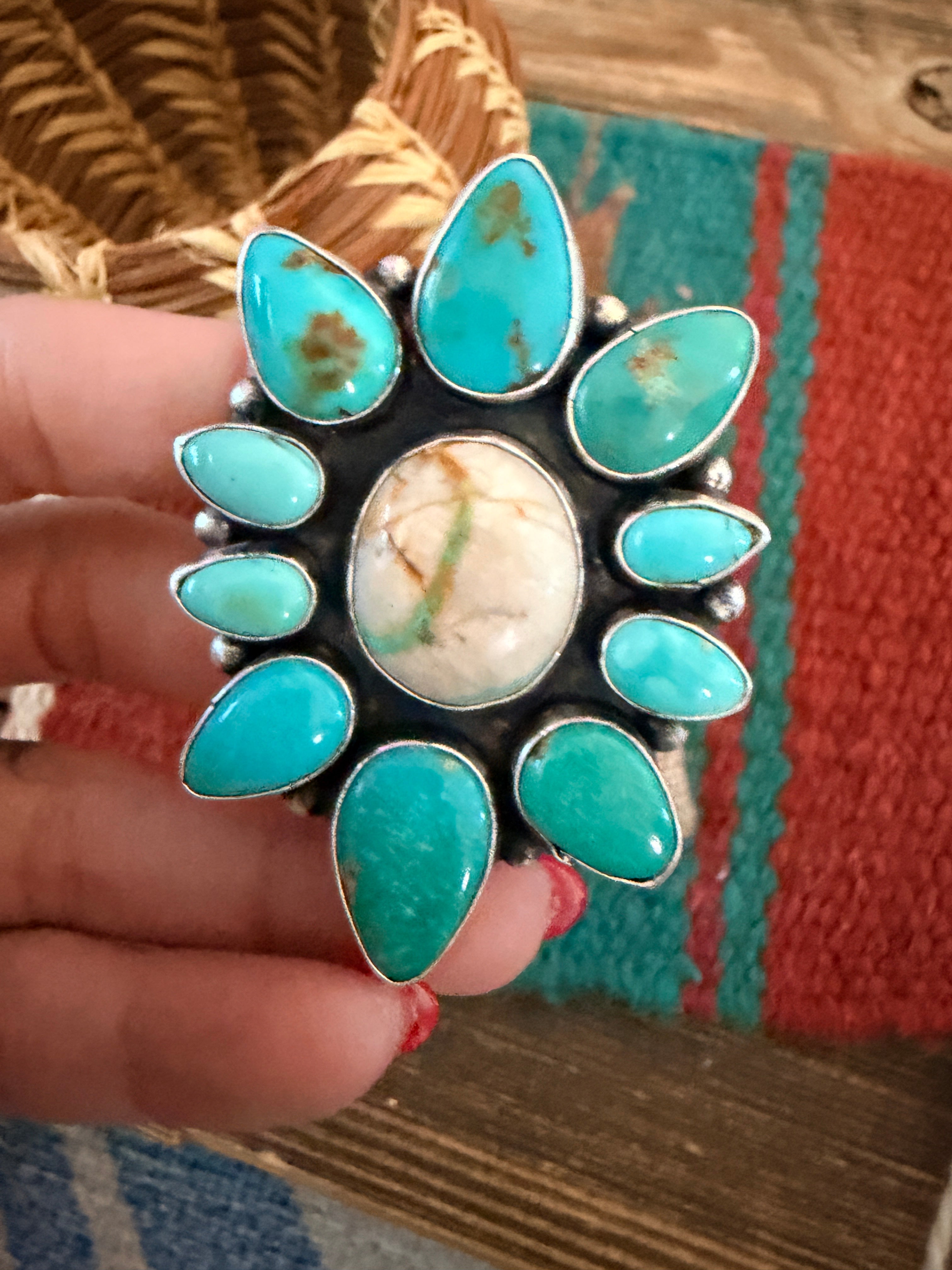 Handcrafted Multi Turquoise & Sterling Silver Ring Size 6 by Ella Peter