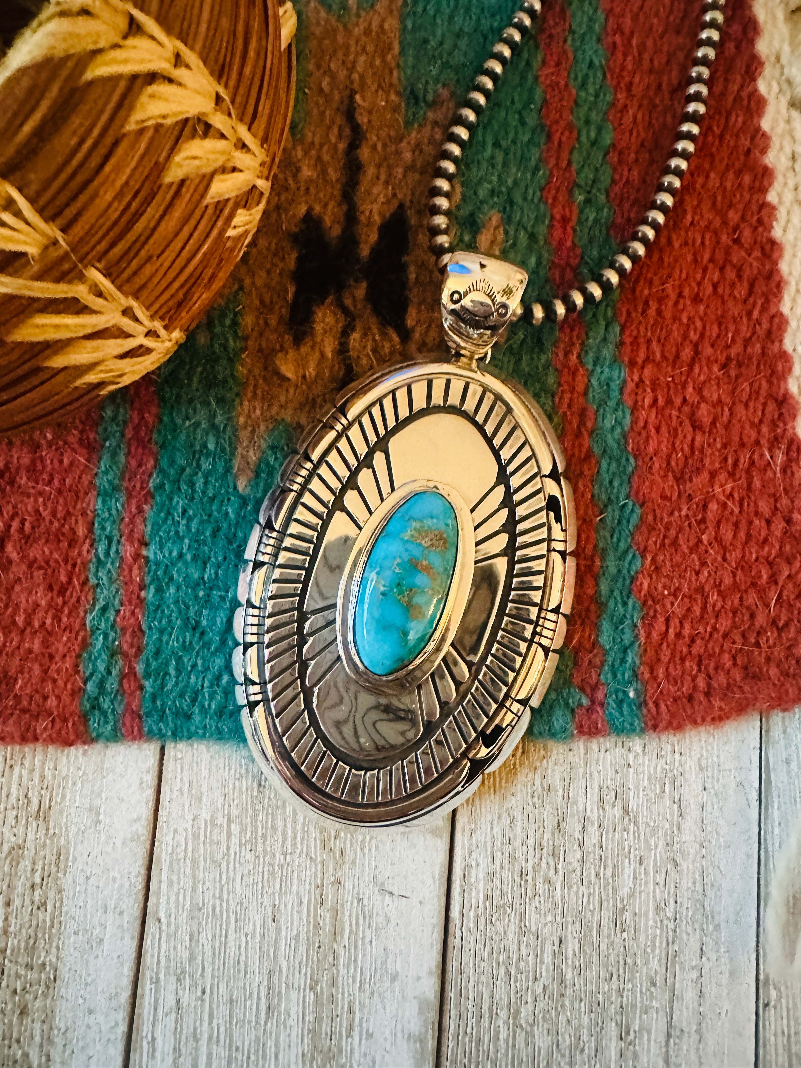 Handcrafted Sonoran Gold Turquoise &  Sterling Silver Pendant, Signed LK