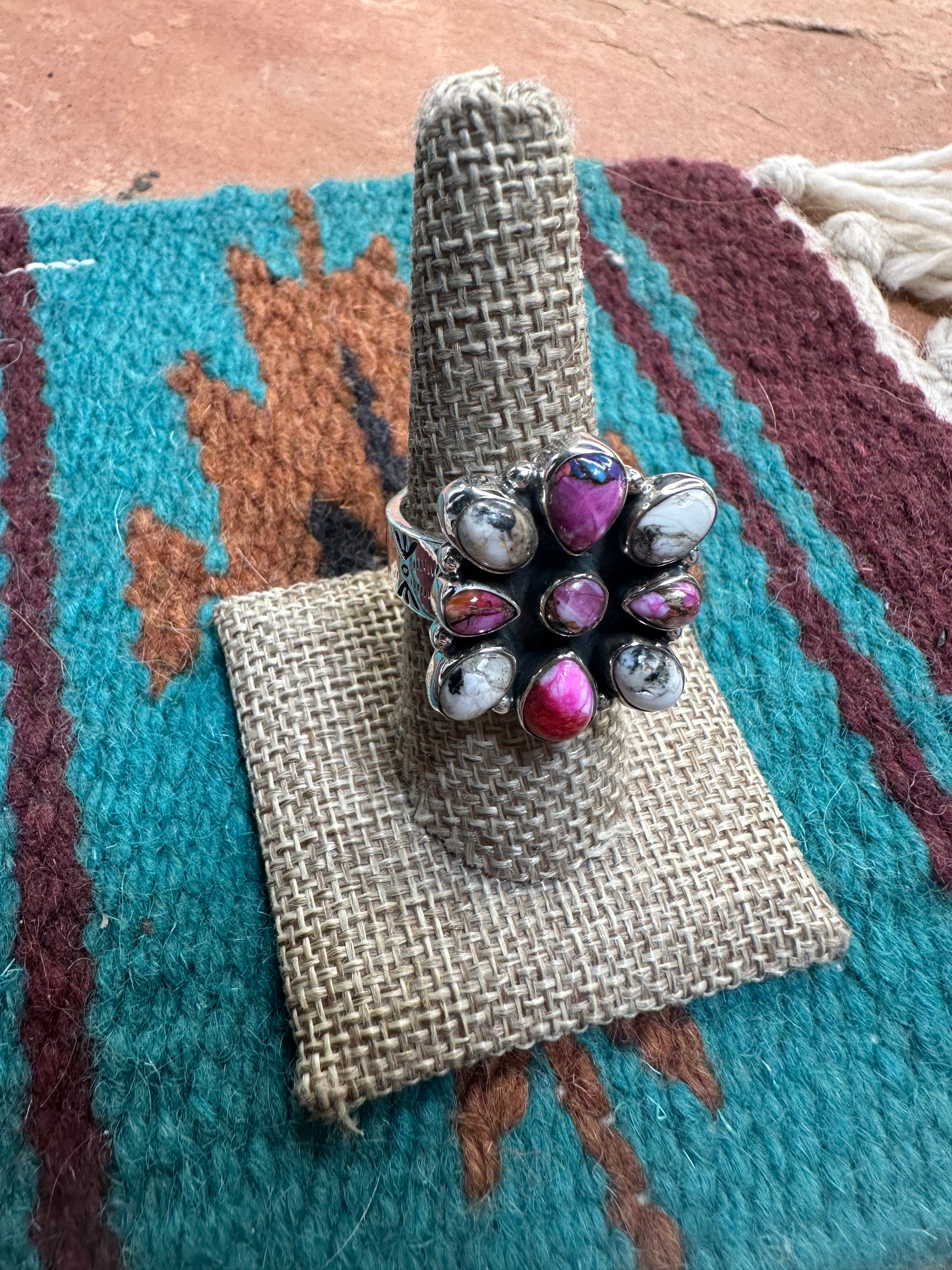 Beautiful Handmade White Buffalo, Pink Dream Mojave And Sterling Silver Adjustable Ring