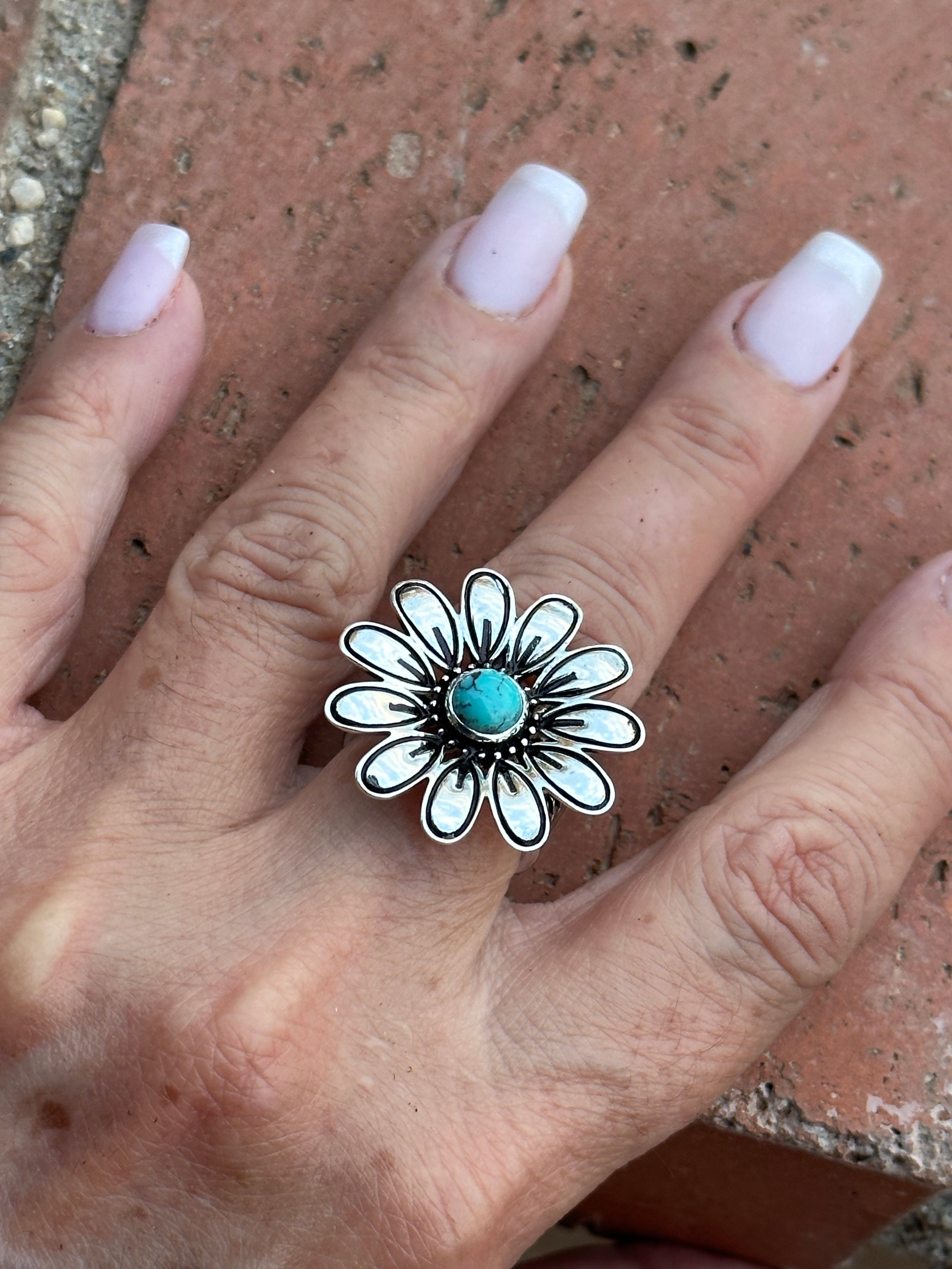 The Daisy Adjustable Turquoise and Sterling Silver Flower Ring