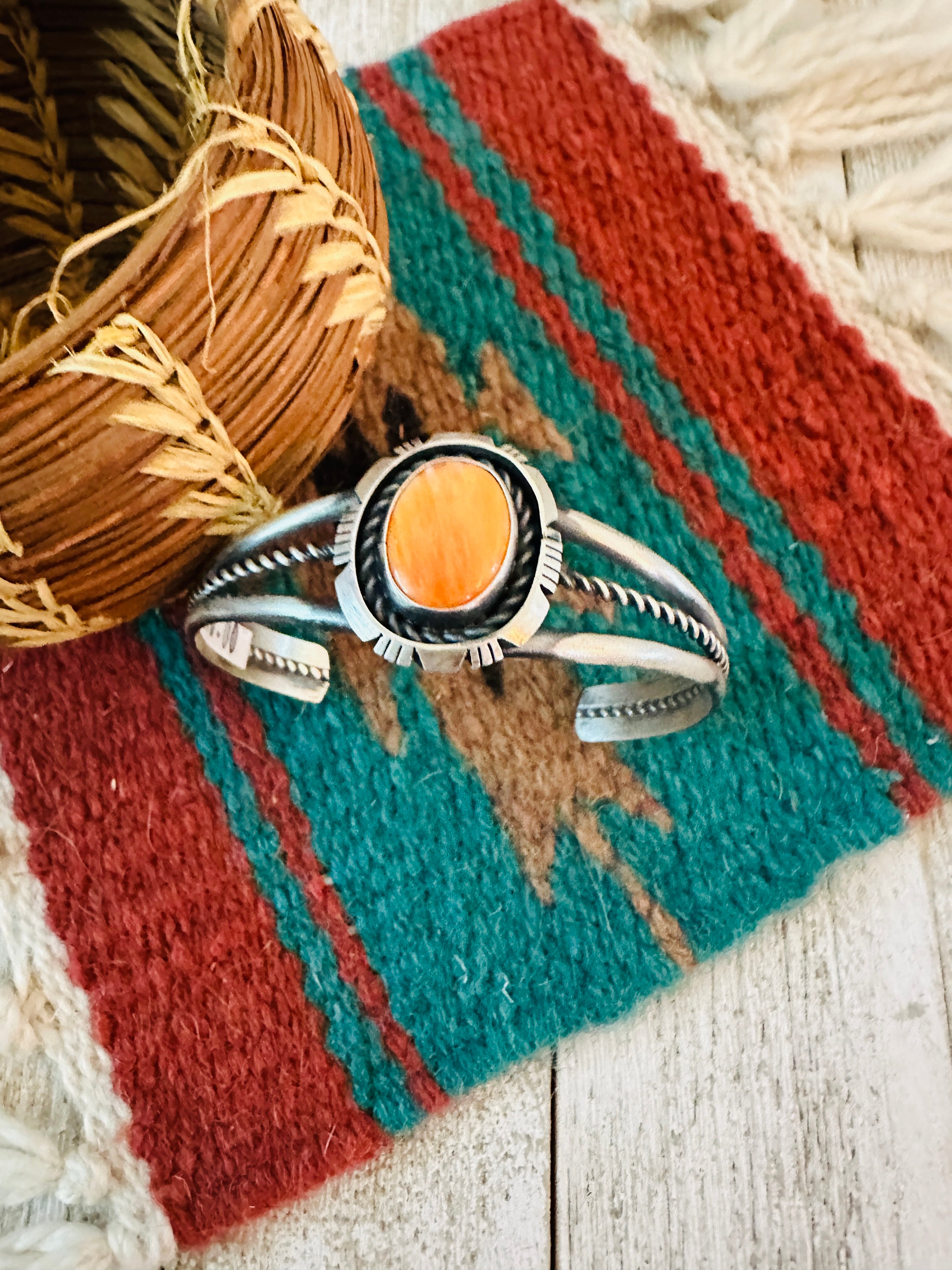 Handcrafted Sterling Silver & Orange Spiny Cuff Bracelet by Eli Skeets
