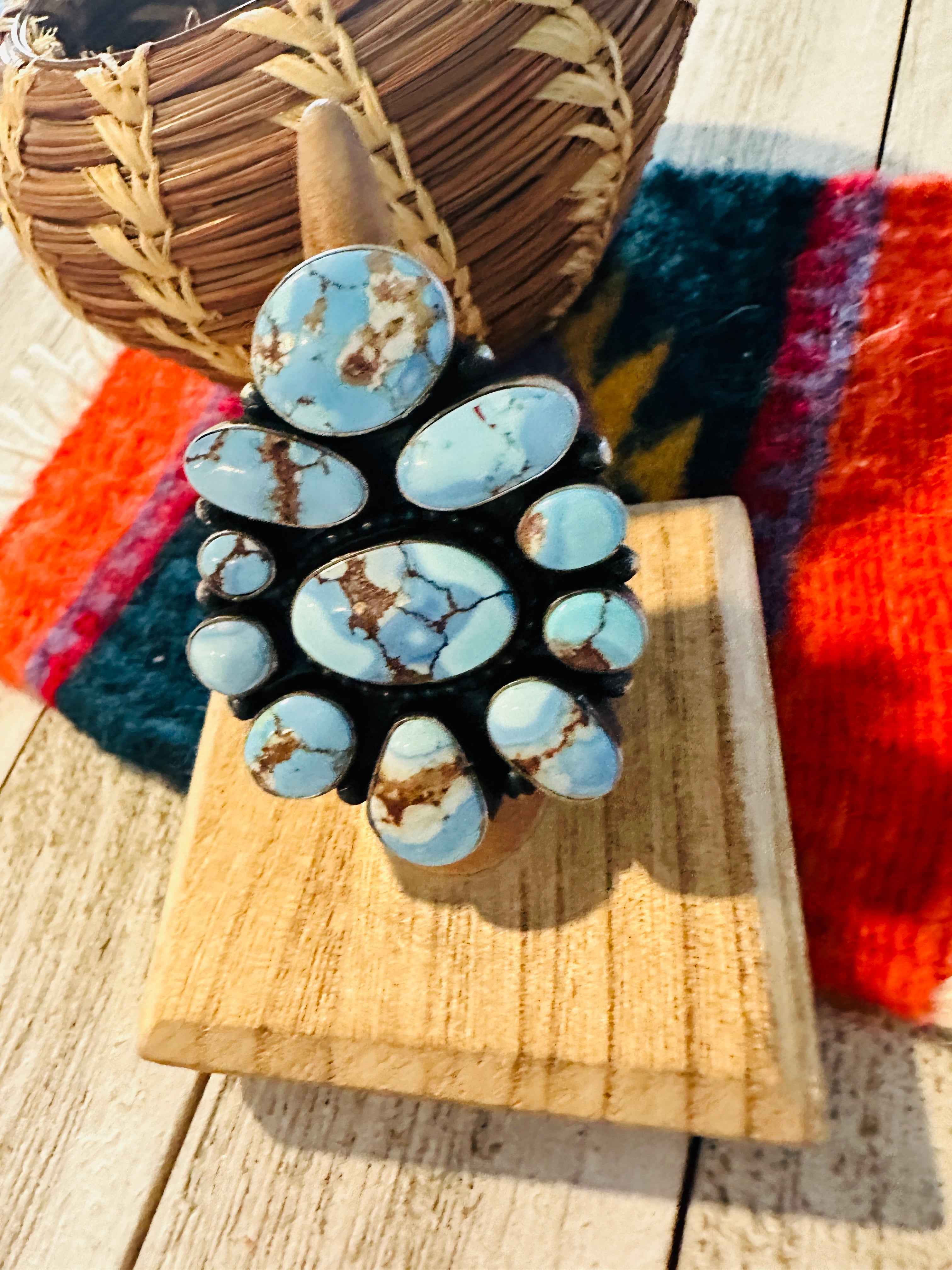 Navajo Golden Hills Turquoise & Sterling Silver Cluster Ring Size 7 by Ben Yellowhorse