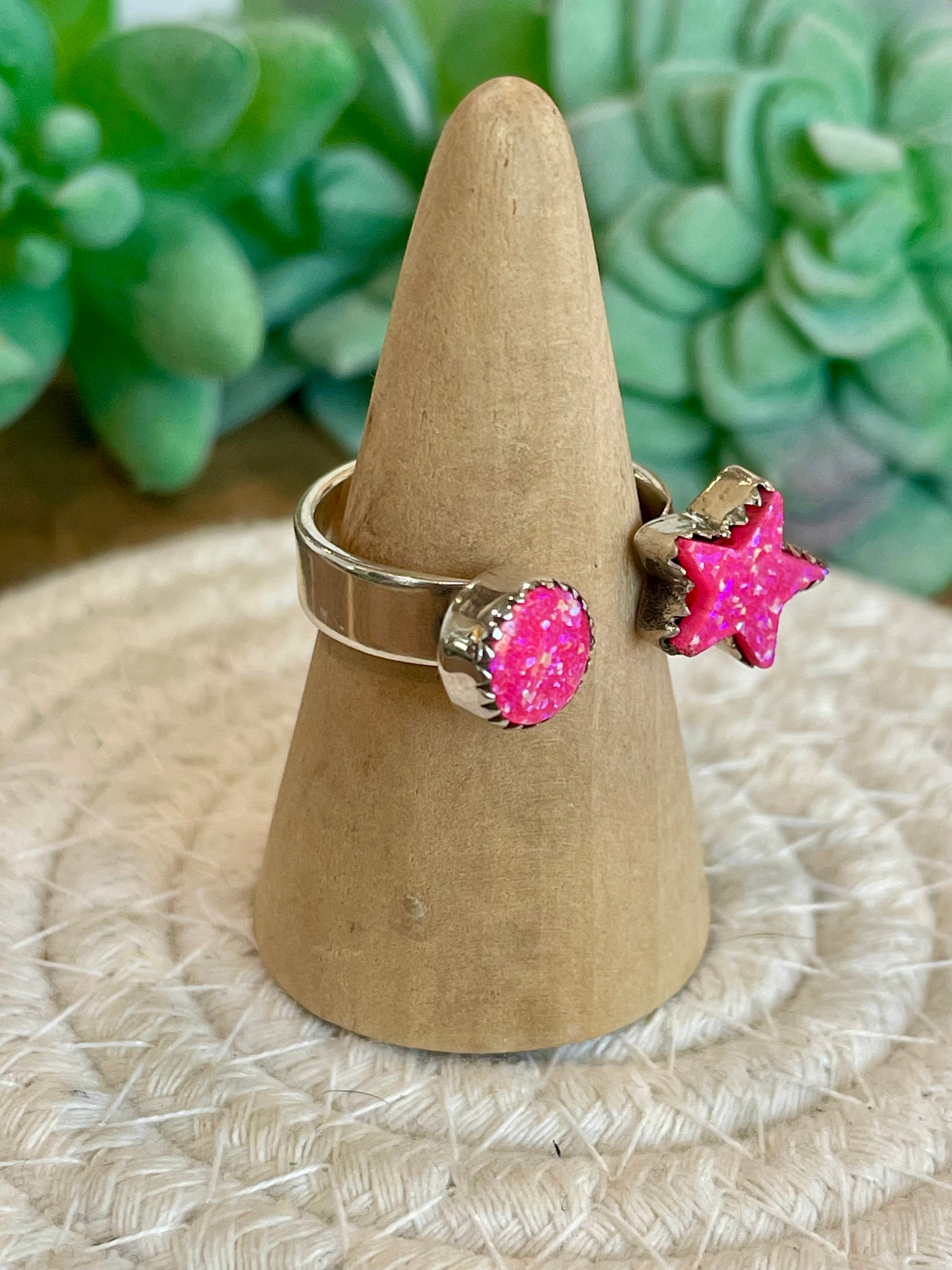 Handmade Hot Pink Fire Opal & Sterling Silver Adjustable Star Ring