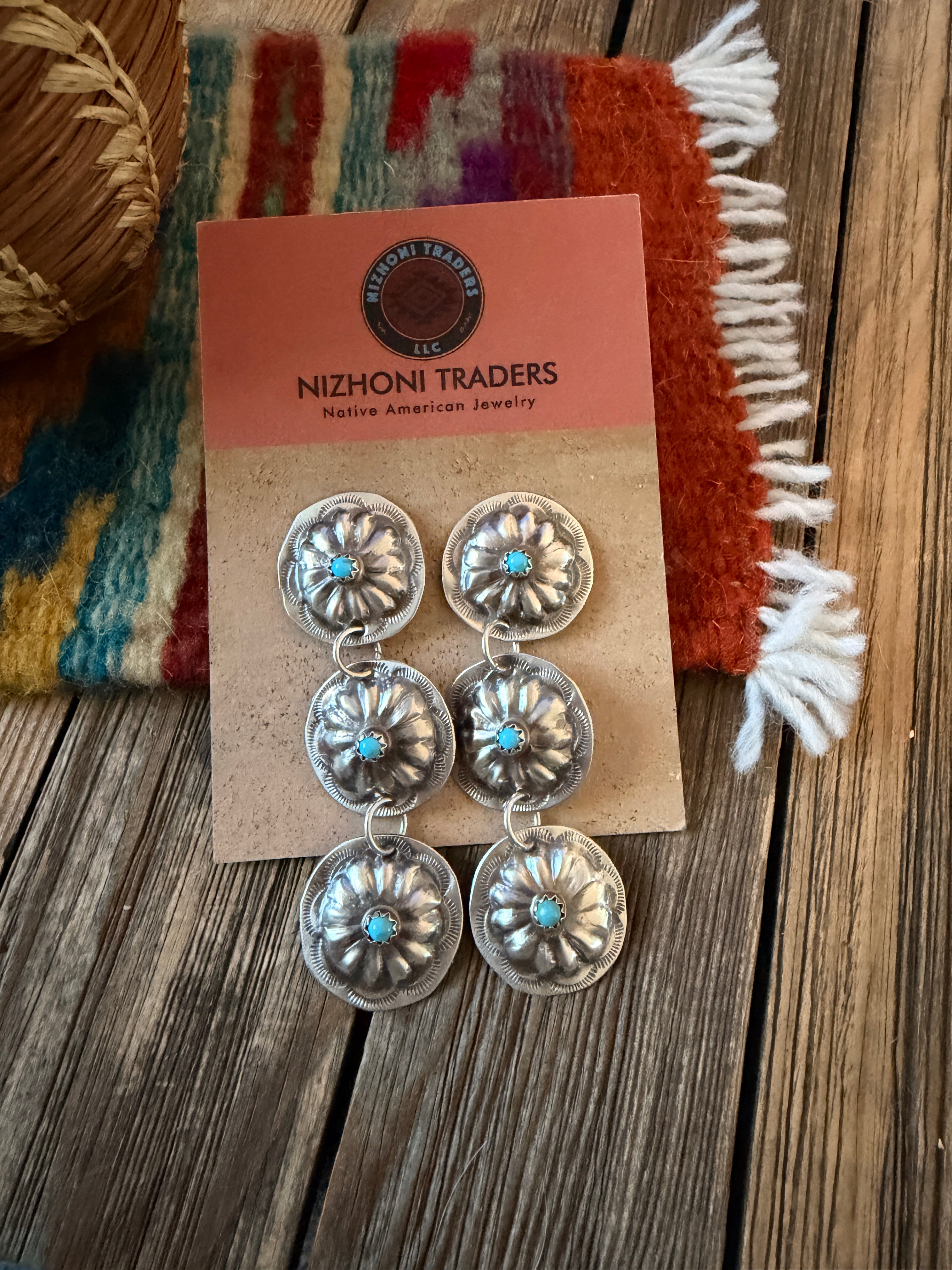 Handcrafted Turquoise & Sterling Silver Concho Dangle Earrings