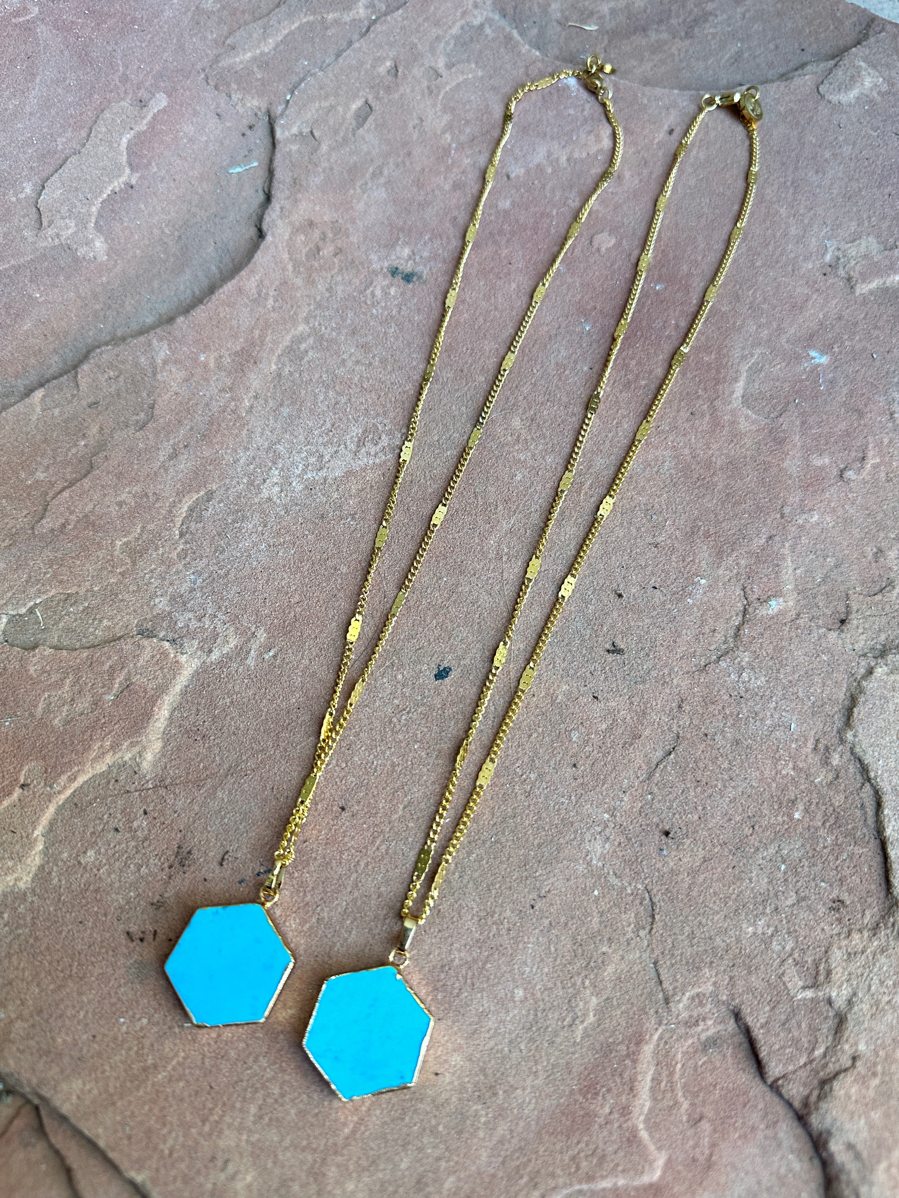 “The Golden Collection” Turquoise Hexagon Handmade Turquoise Gold Plated Necklace 18 Inches