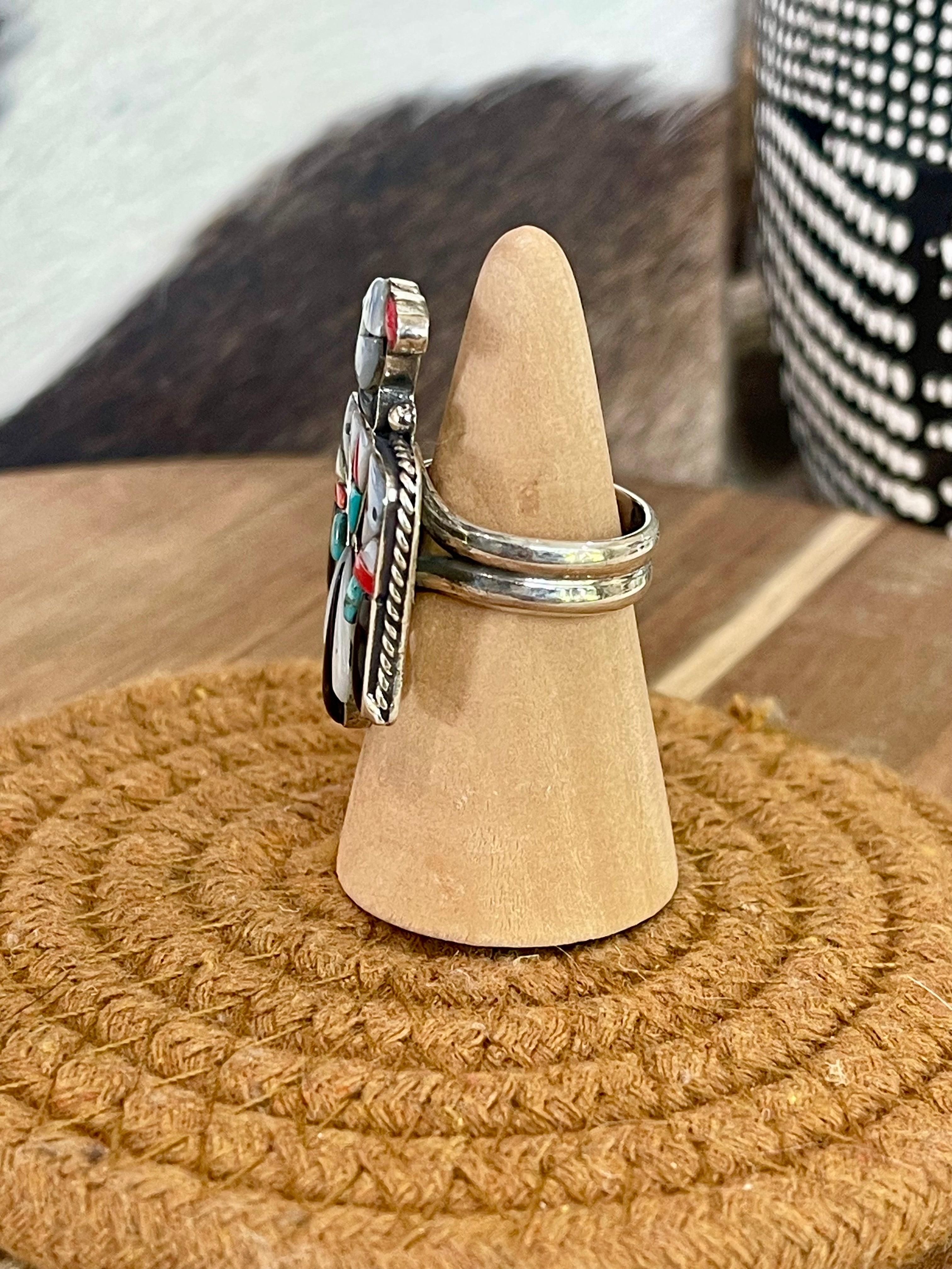 Handmade Sterling Silver & Multi Stone Thunderbird Adjustable Ring