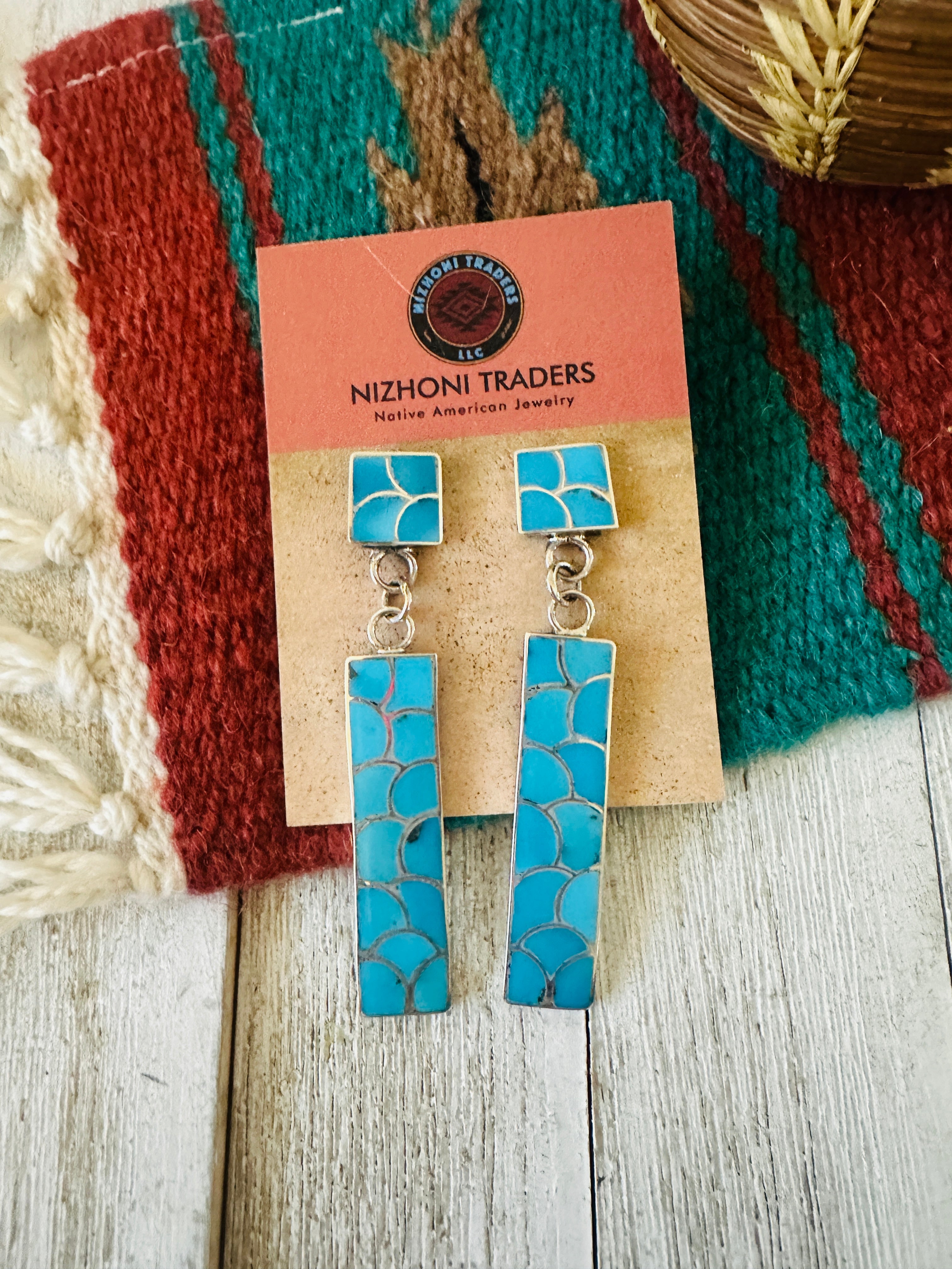 Zuni Sterling Silver & Turquoise Inlay Dangle Earrings