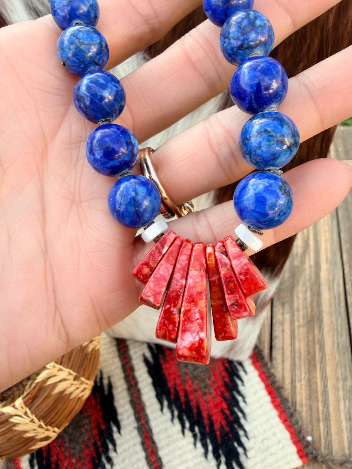 Handcrafted Lapis, Spiny Oyster Shell & Sterling Silver 18” Beaded Necklace