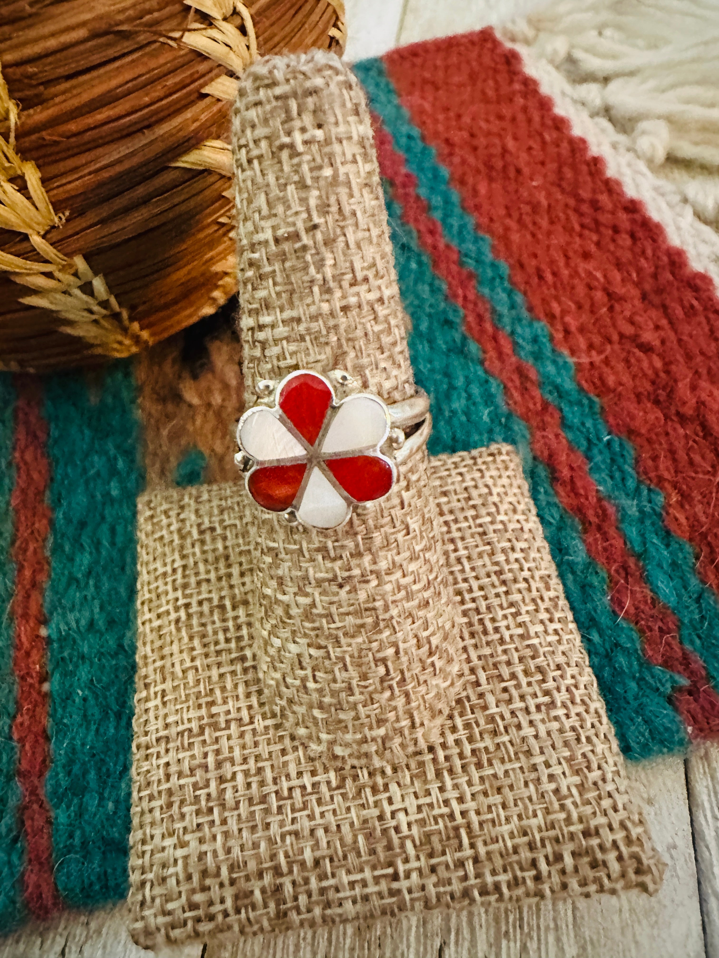 Hand Crafted Mother of Pearl, Coral & Sterling Silver Inlay Flower Ring Size 8.5