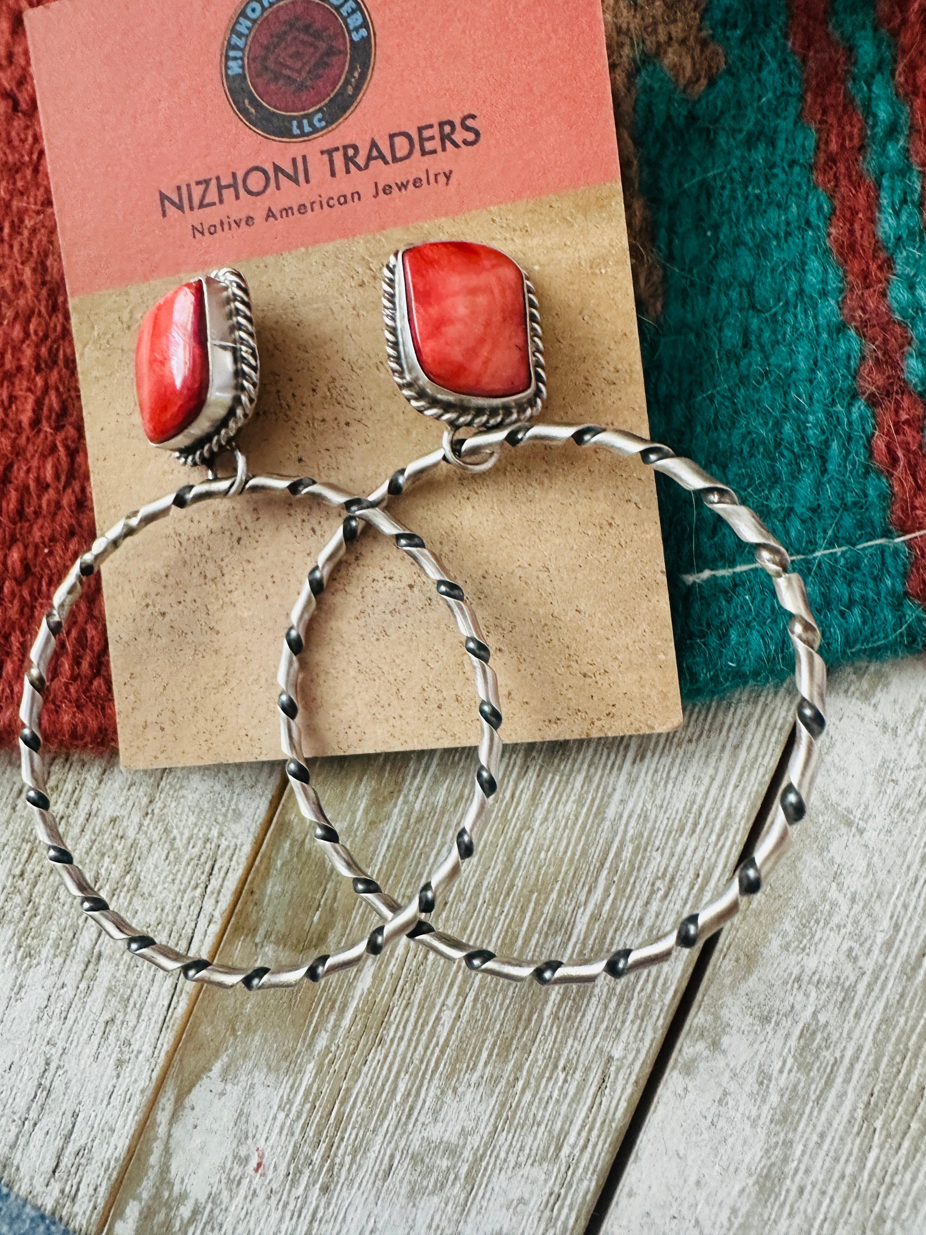 Navajo Orange Spiny and Sterling Silver Dangle Hoop Earrings