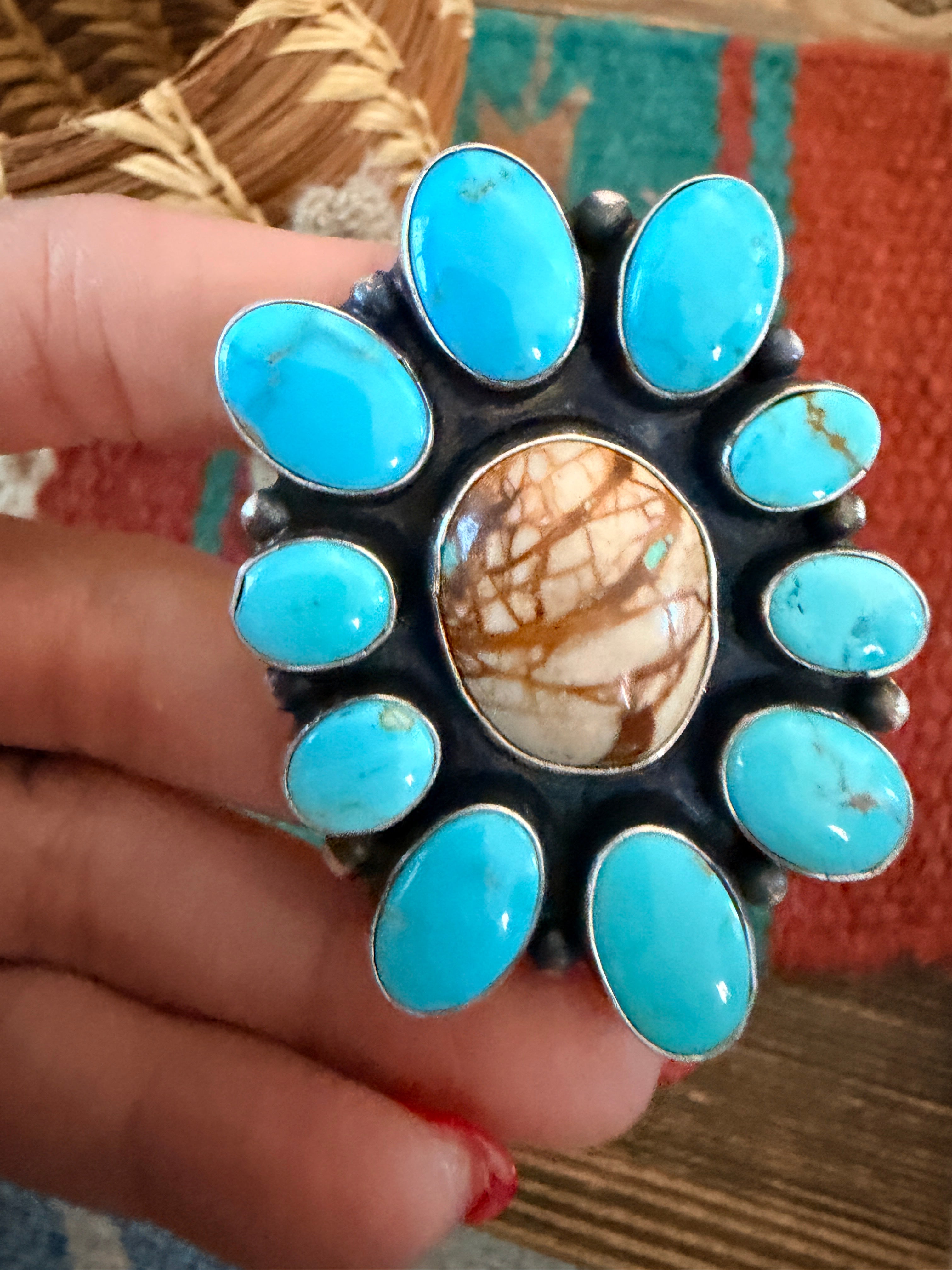 Handcrafted Multi Turquoise & Sterling Silver Ring Size 7.75 by Ella Peter