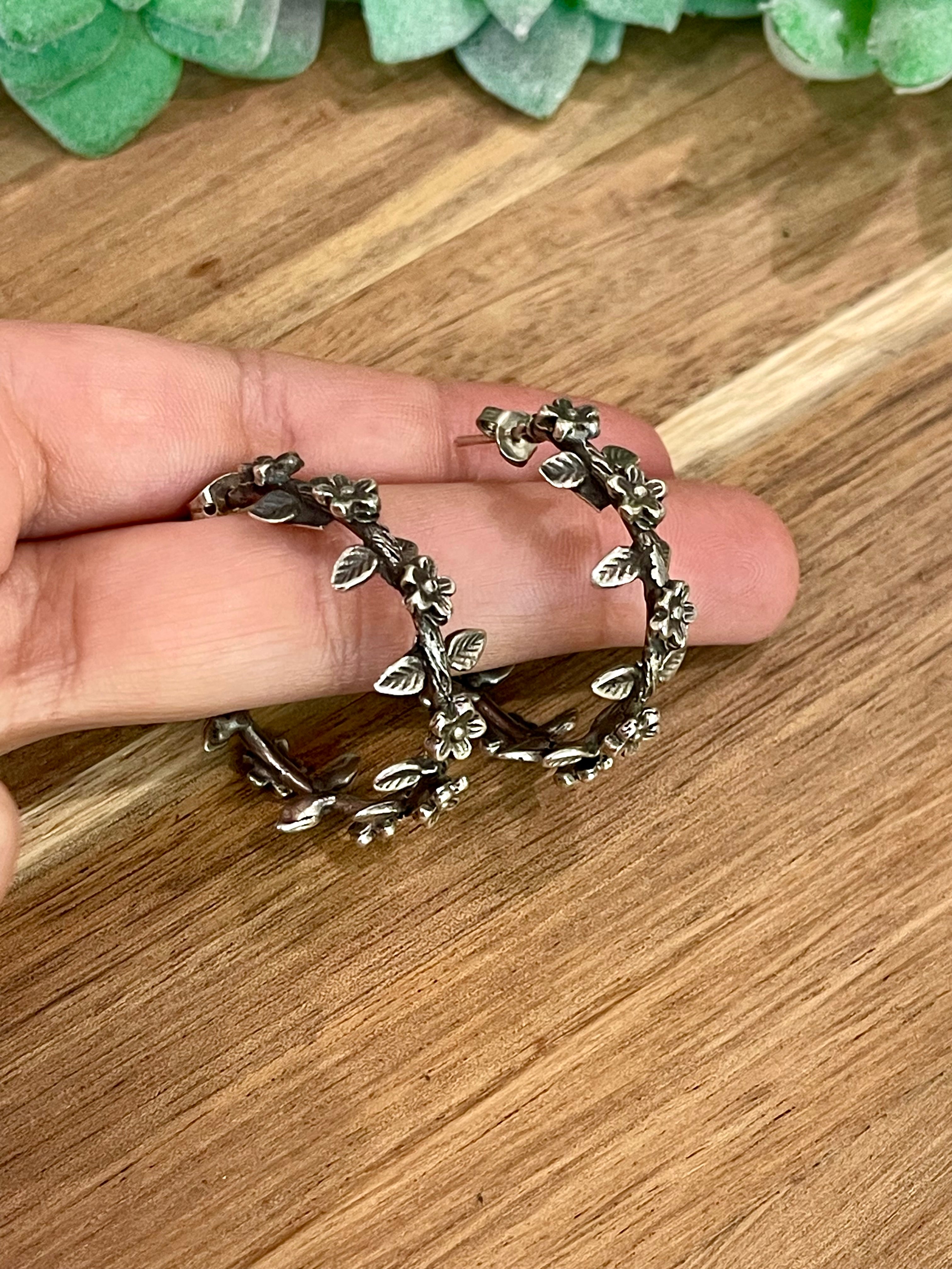 Handmade In Mexico Sterling Silver, Hoop Flower Earrings