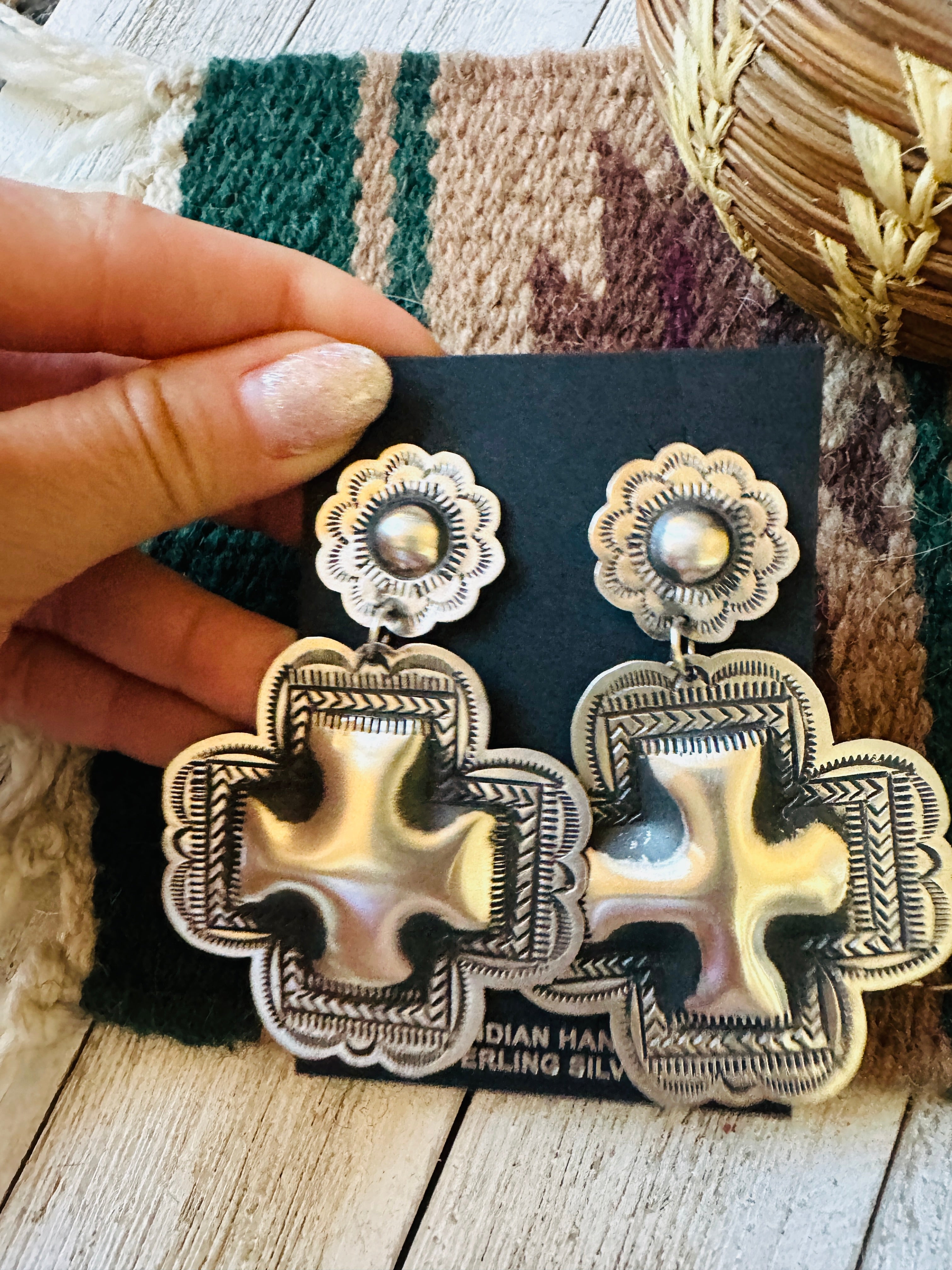 Navajo Hand Stamped Sterling Silver Concho Cross Dangle Earrings by Leander Tahe