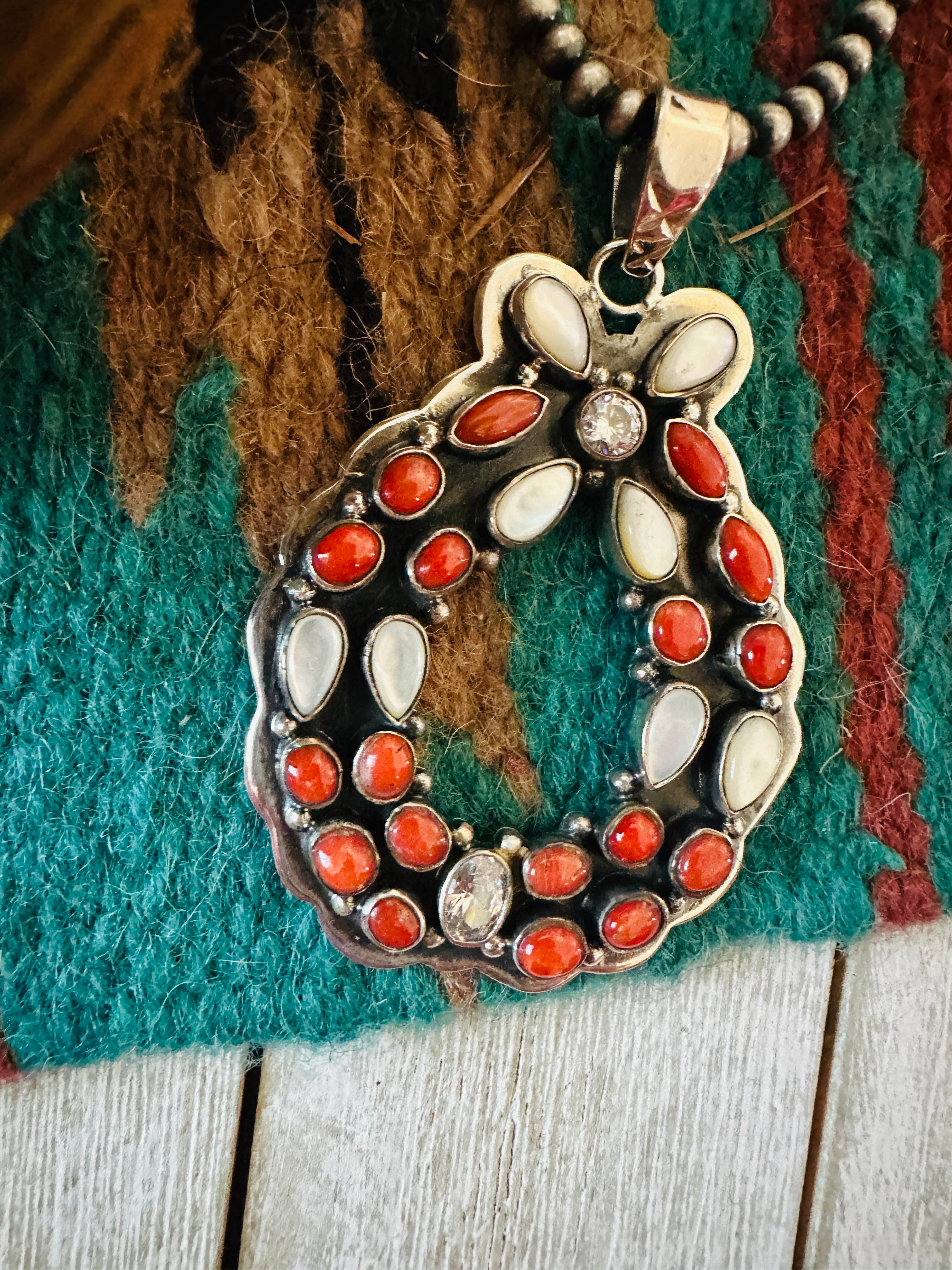** Christmas Collection ** Handmade Sterling Silver, Coral, Mother of Pearl & CZ Wreath Pendant Signed Nizhoni