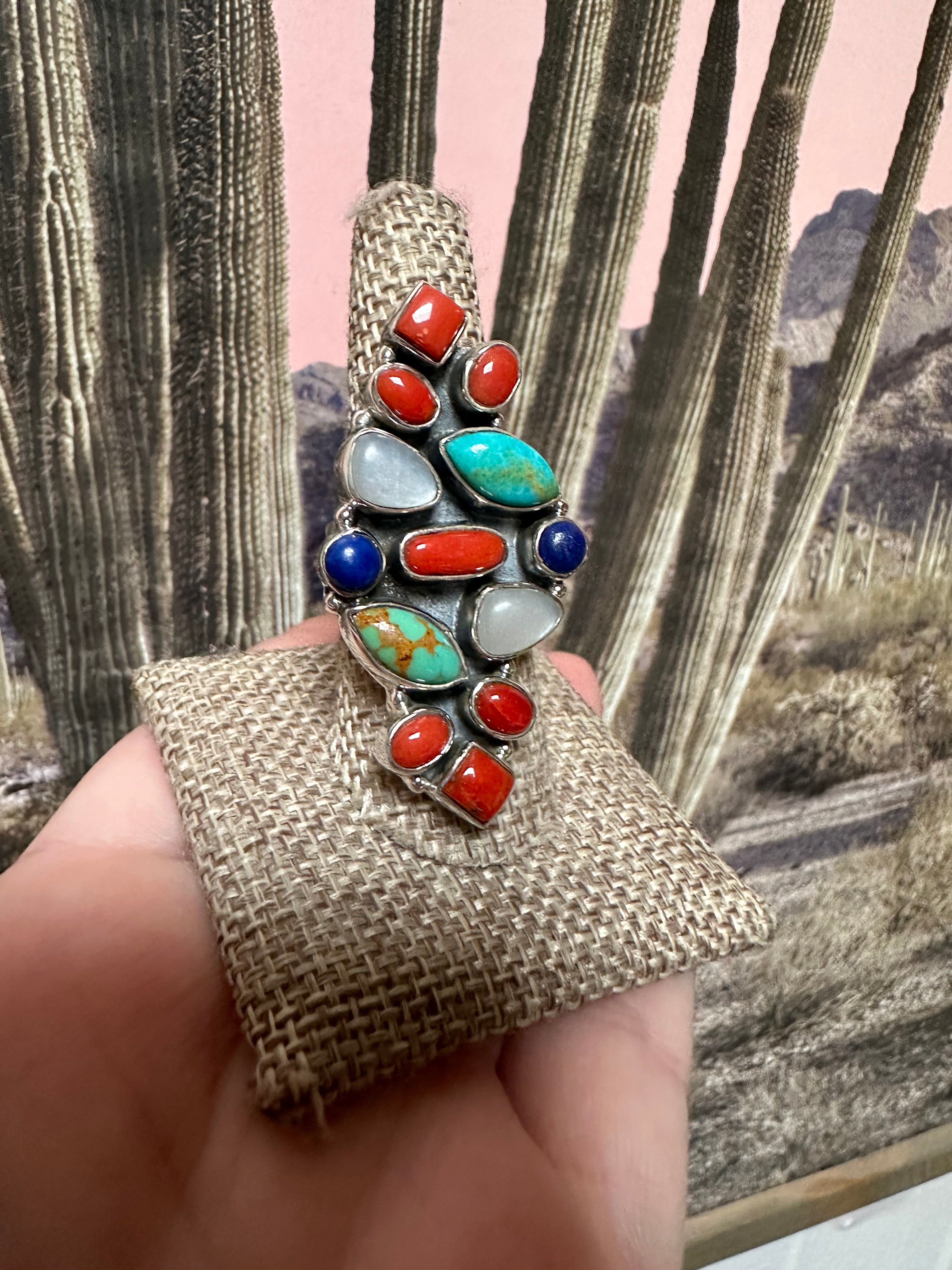 Beautiful Handmade Mother of Pearl, Turquoise, Coral, Lapis And Sterling Silver Adjustable Ring