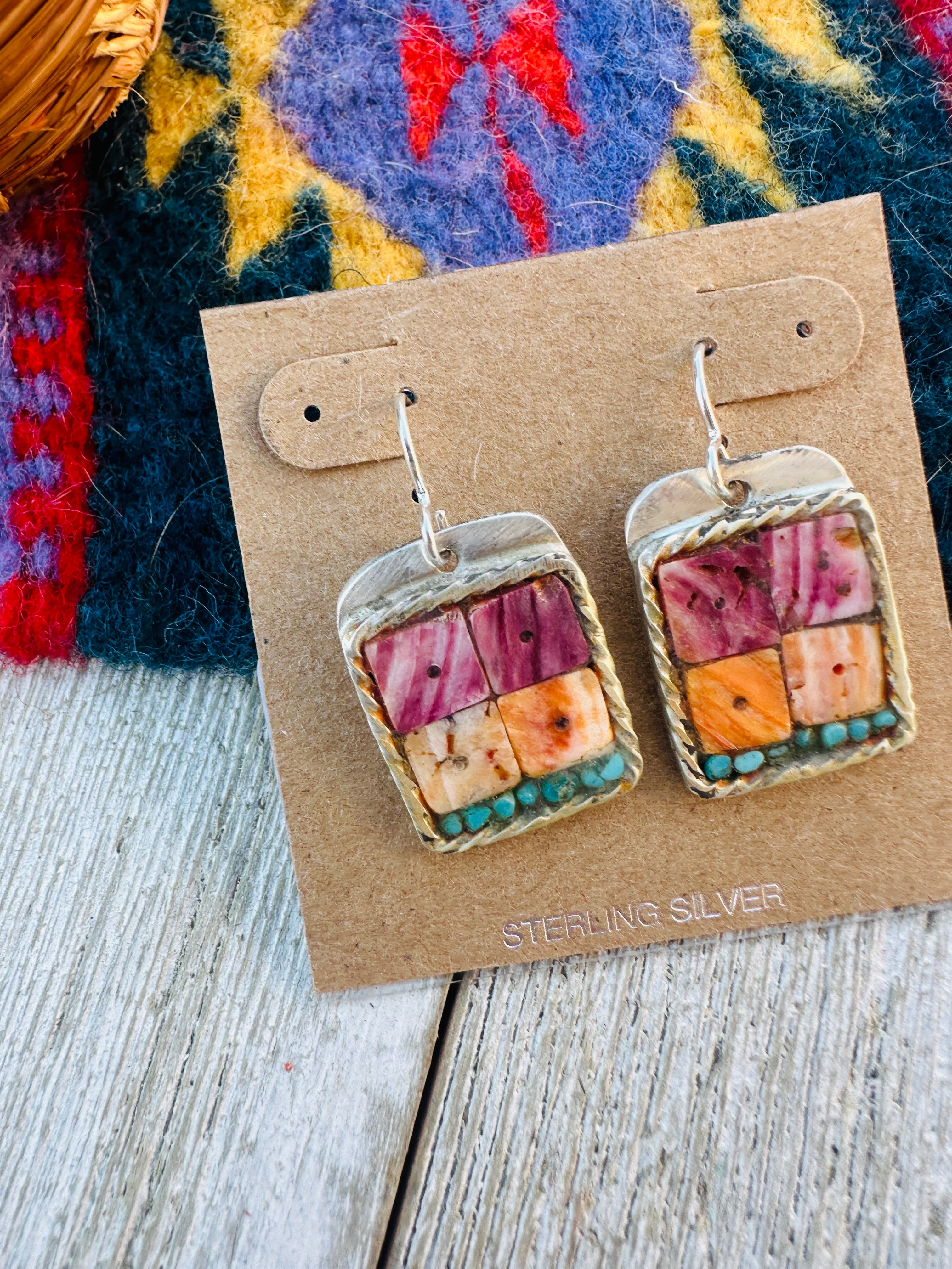 Handcrafted Spiny, Turquoise & Sterling Silver Inlay Dangle Earrings