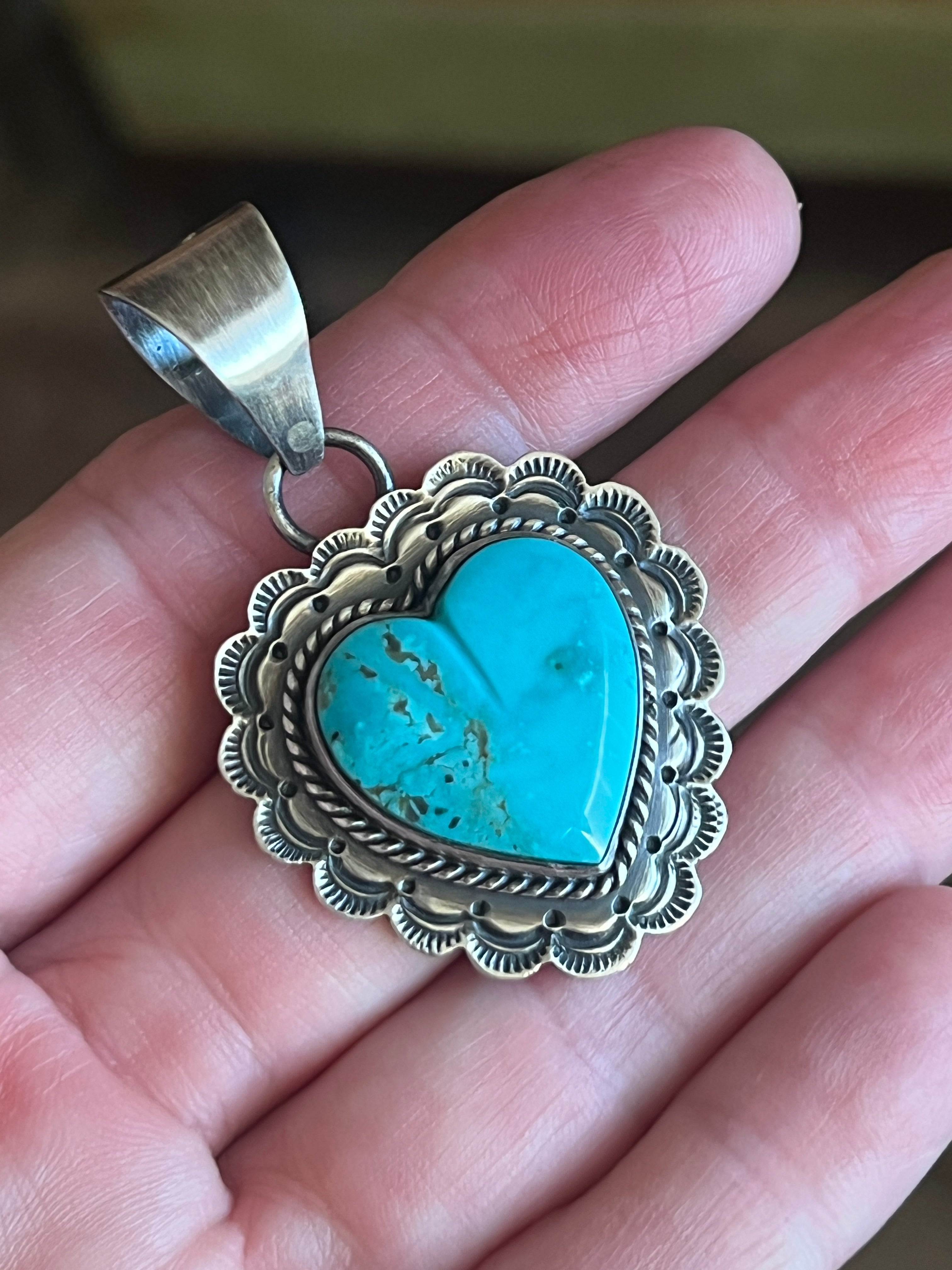 Hand Stamped Sterling Silver & Kingman Turquoise or Spiny Oyster Heart Pendants by June Delgarito