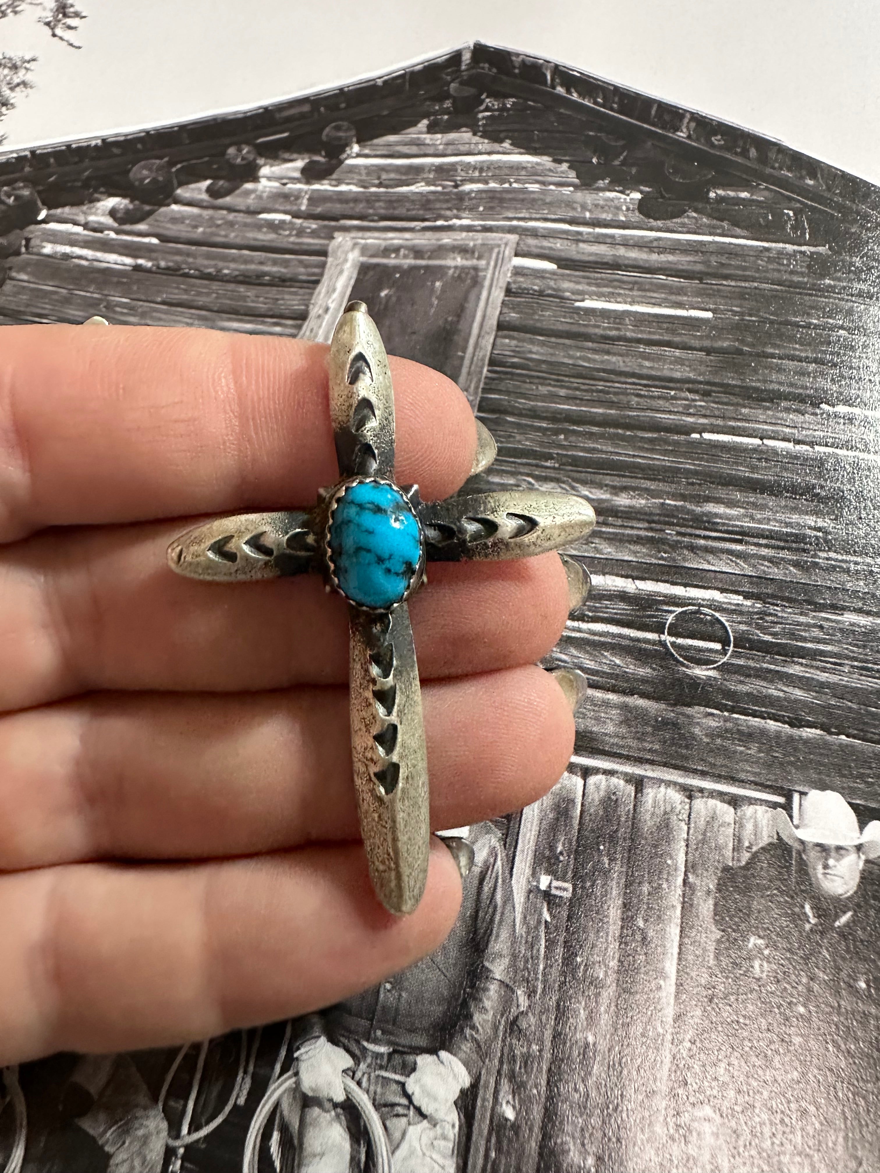 Beautiful Navajo Turquoise & Sterling Silver Cross Pendant Signed