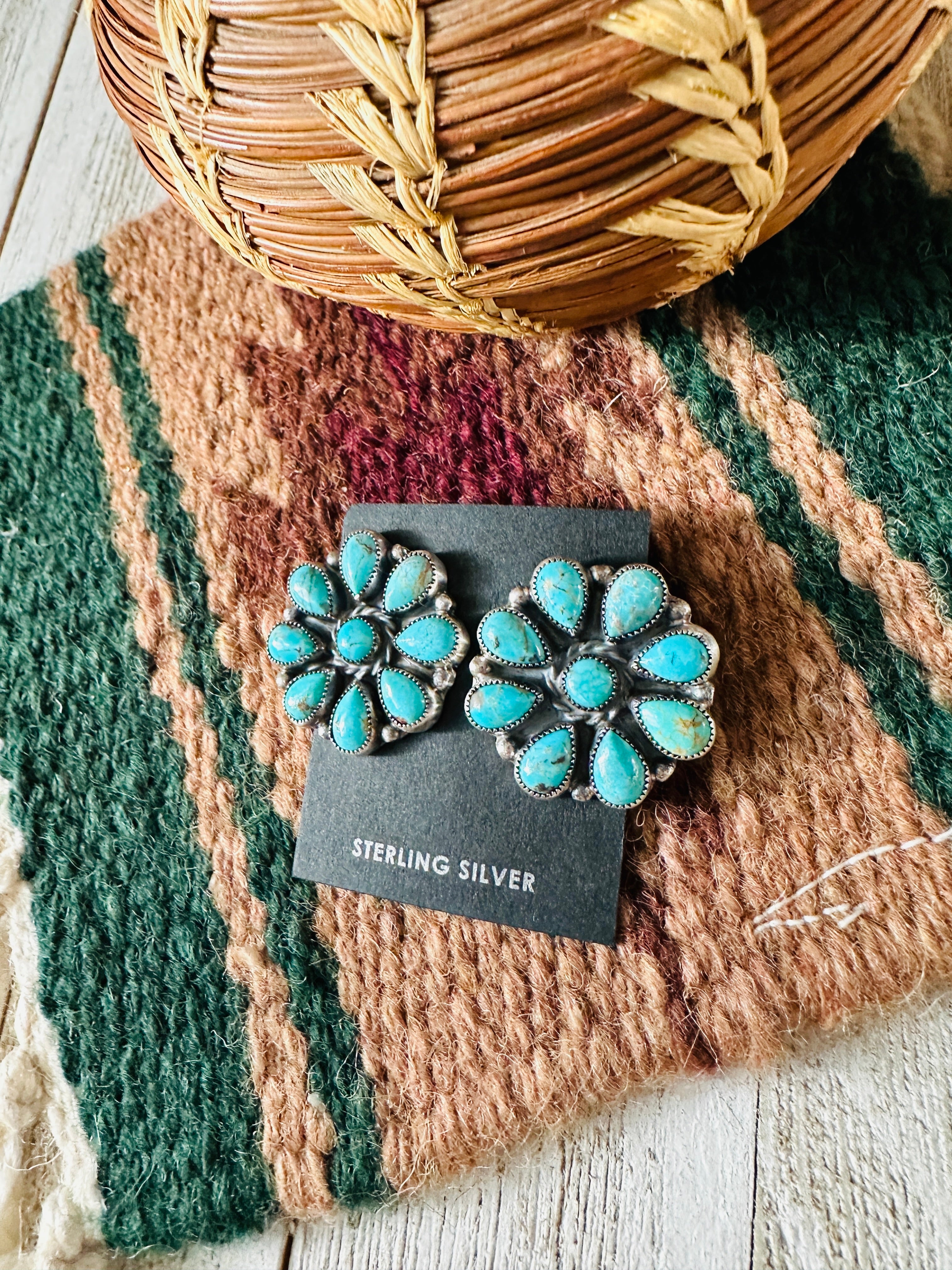 Navajo Sterling Silver & Turquoise Cluster Stud Earrings 1 1/8”