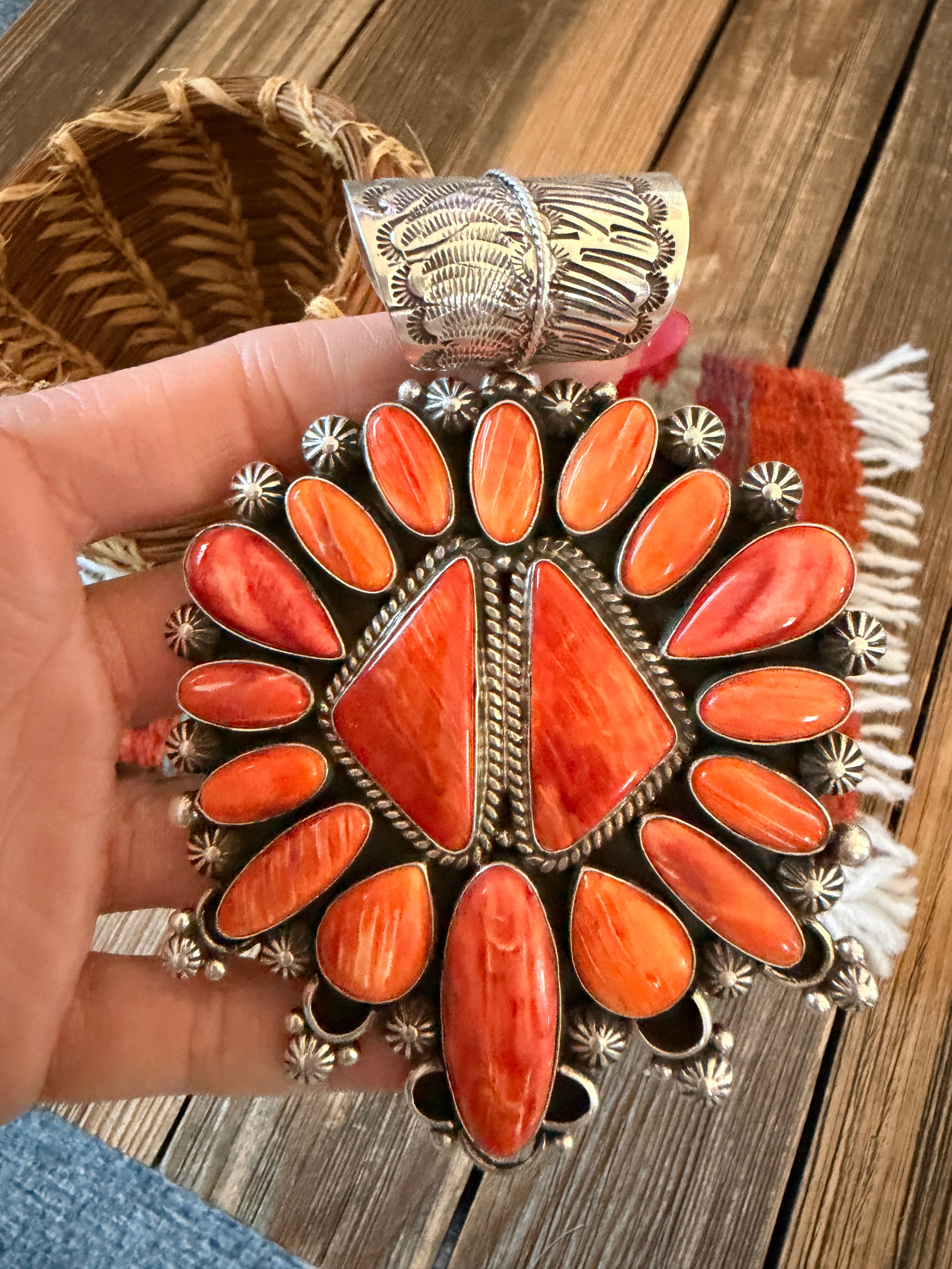 Handcrafted Sterling Silver & Orange Spiny Cluster Pendant by Tyler Brown