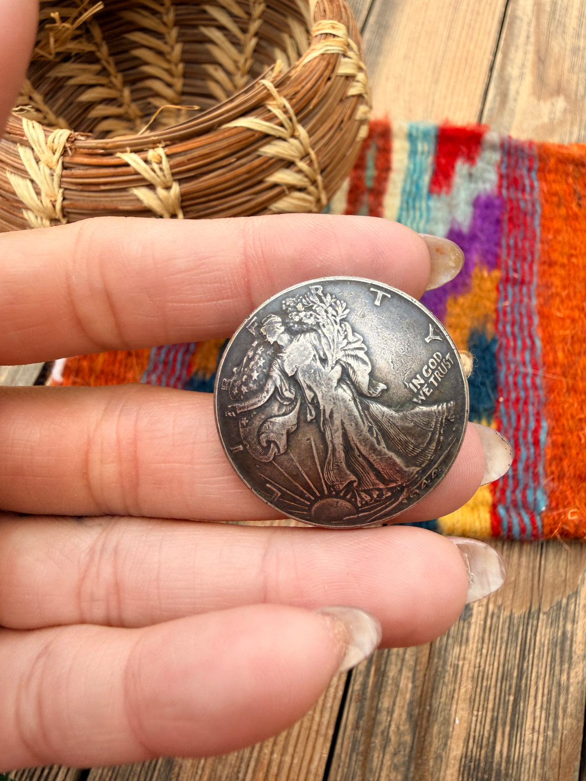Old Pawn Handcrafted Liberty Half Dollar Button