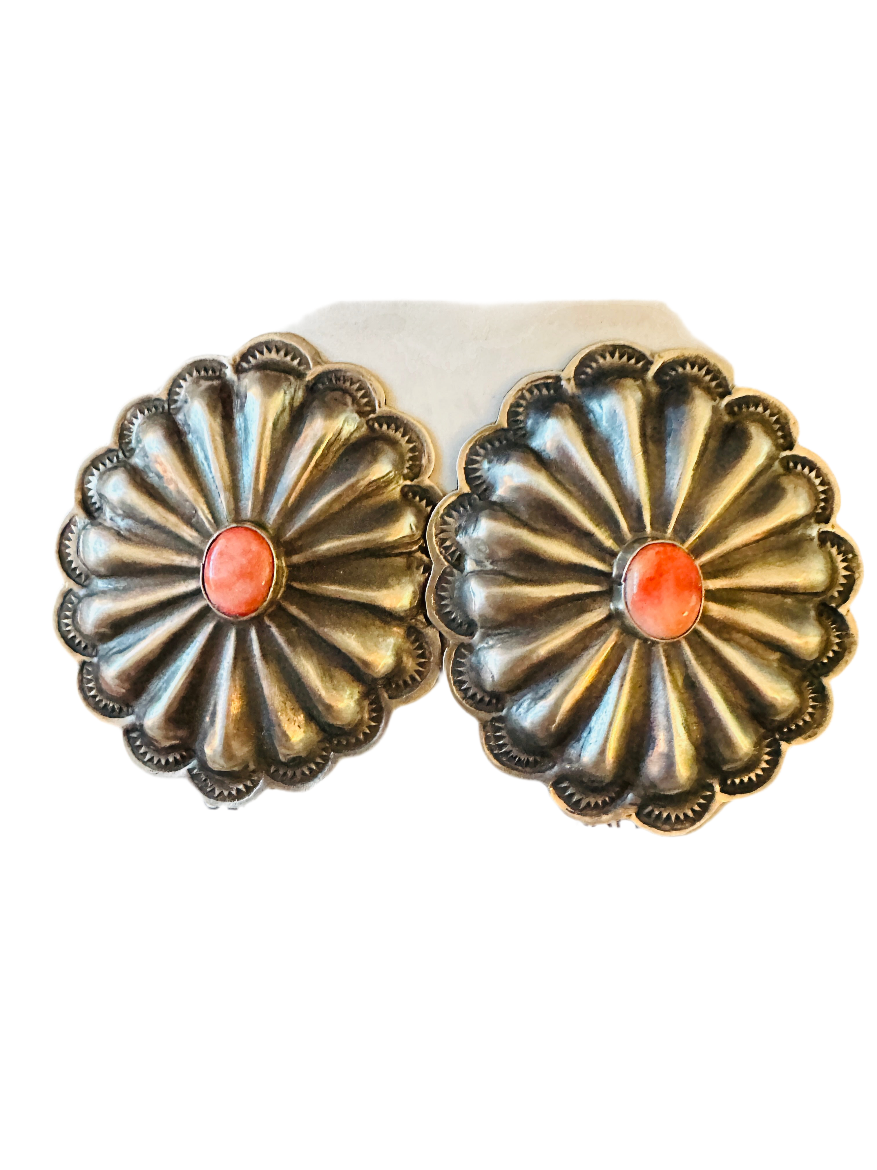 Handcrafted Orange Spiny & Sterling Silver Concho Post Earrings