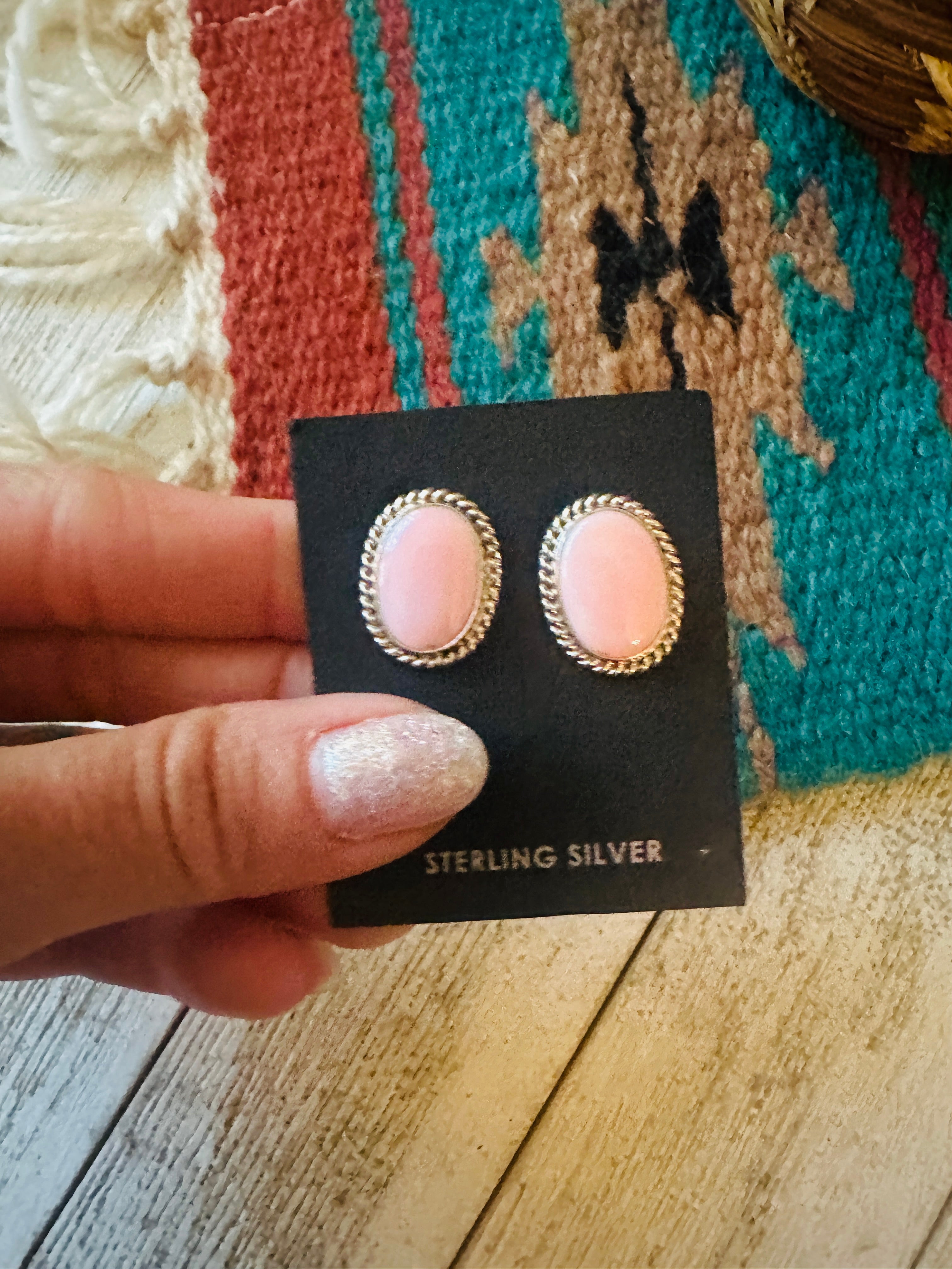 Navajo Sterling Silver & Queen Pink Conch Stud Earrings