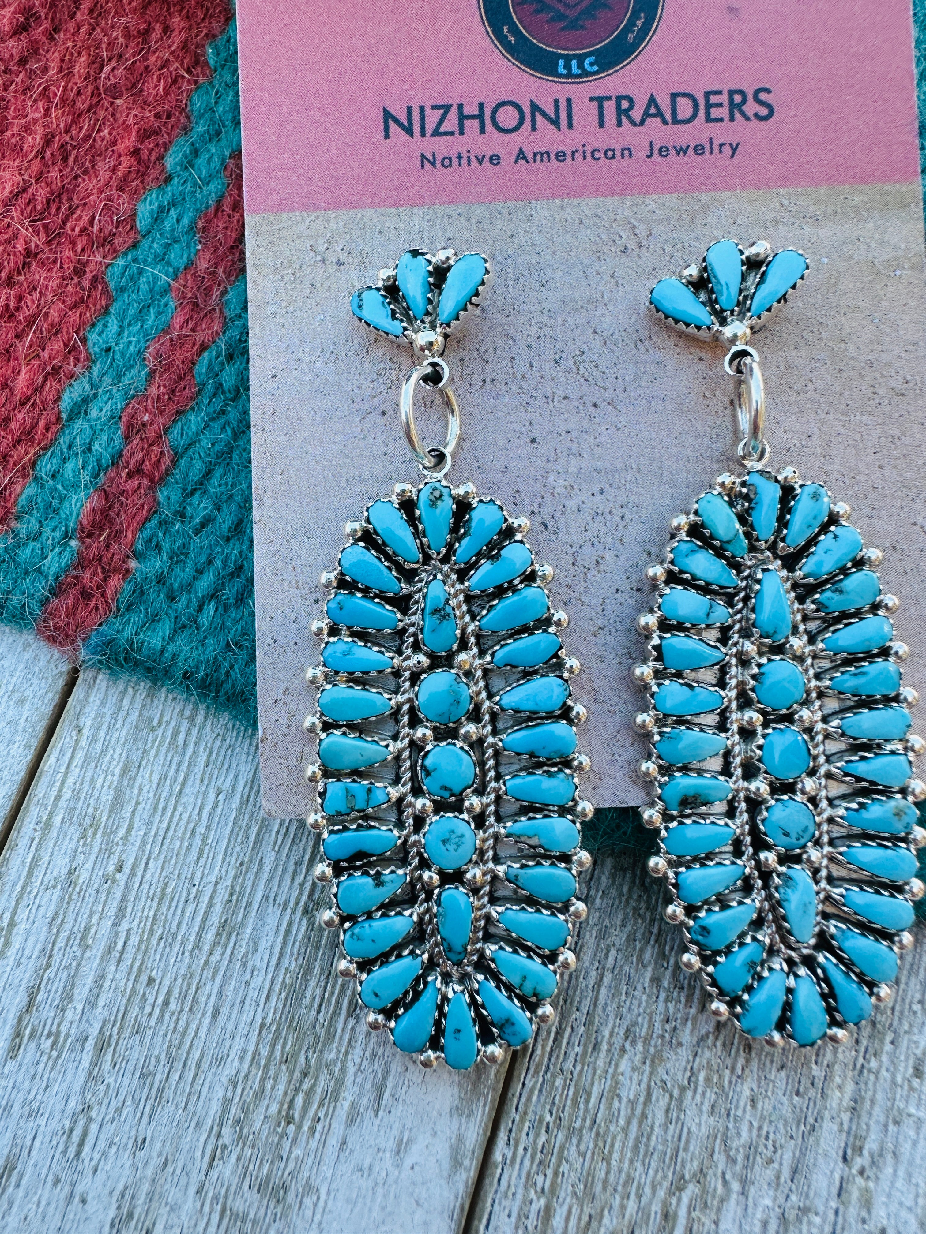 Handcrafted Sleeping Beauty Turquoise And Sterling Silver Cluster Dangle Earrings