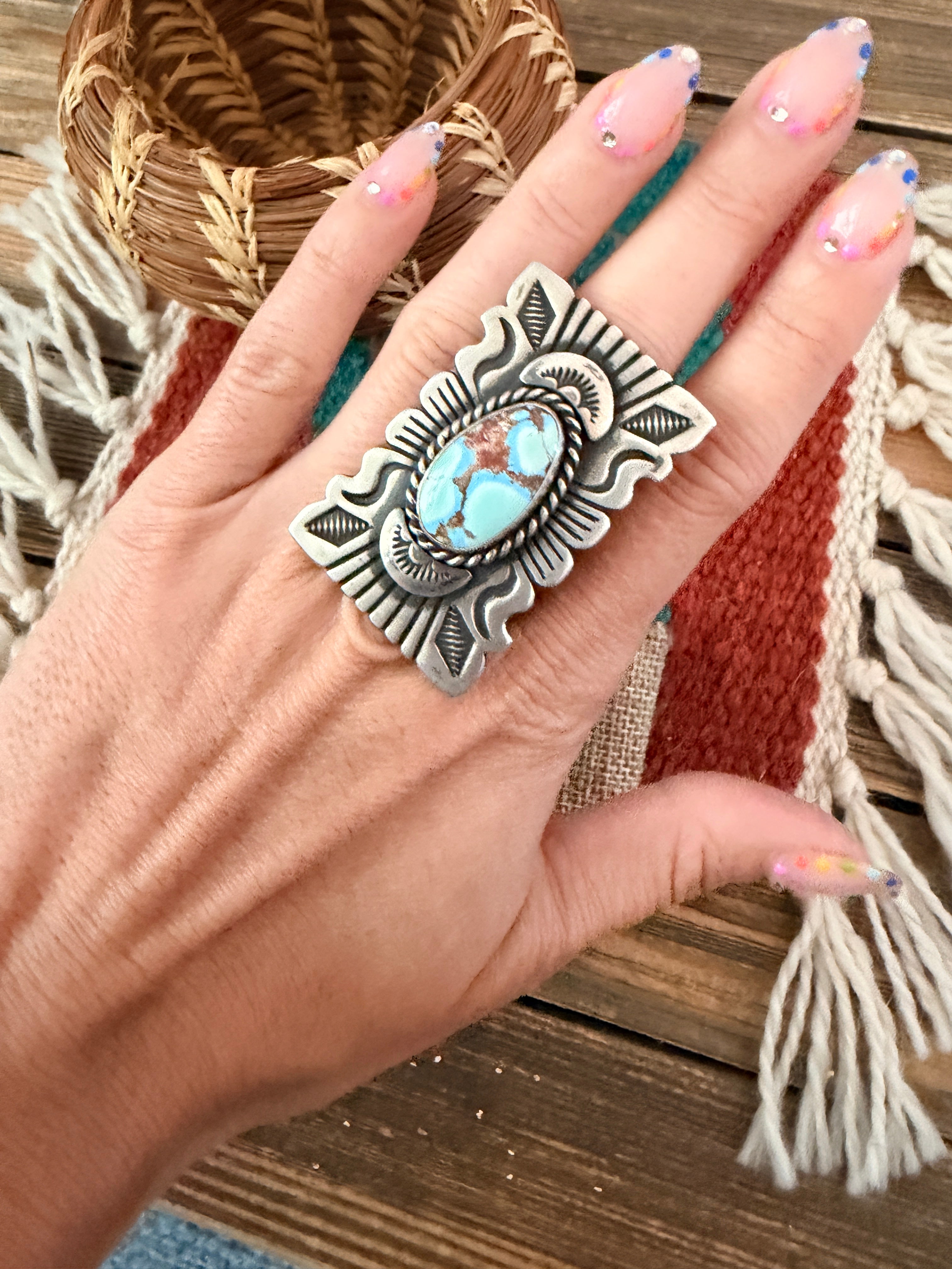 Handcrafted Golden Hills Turquoise & Sterling Silver Ring Size 7 by John Nelson