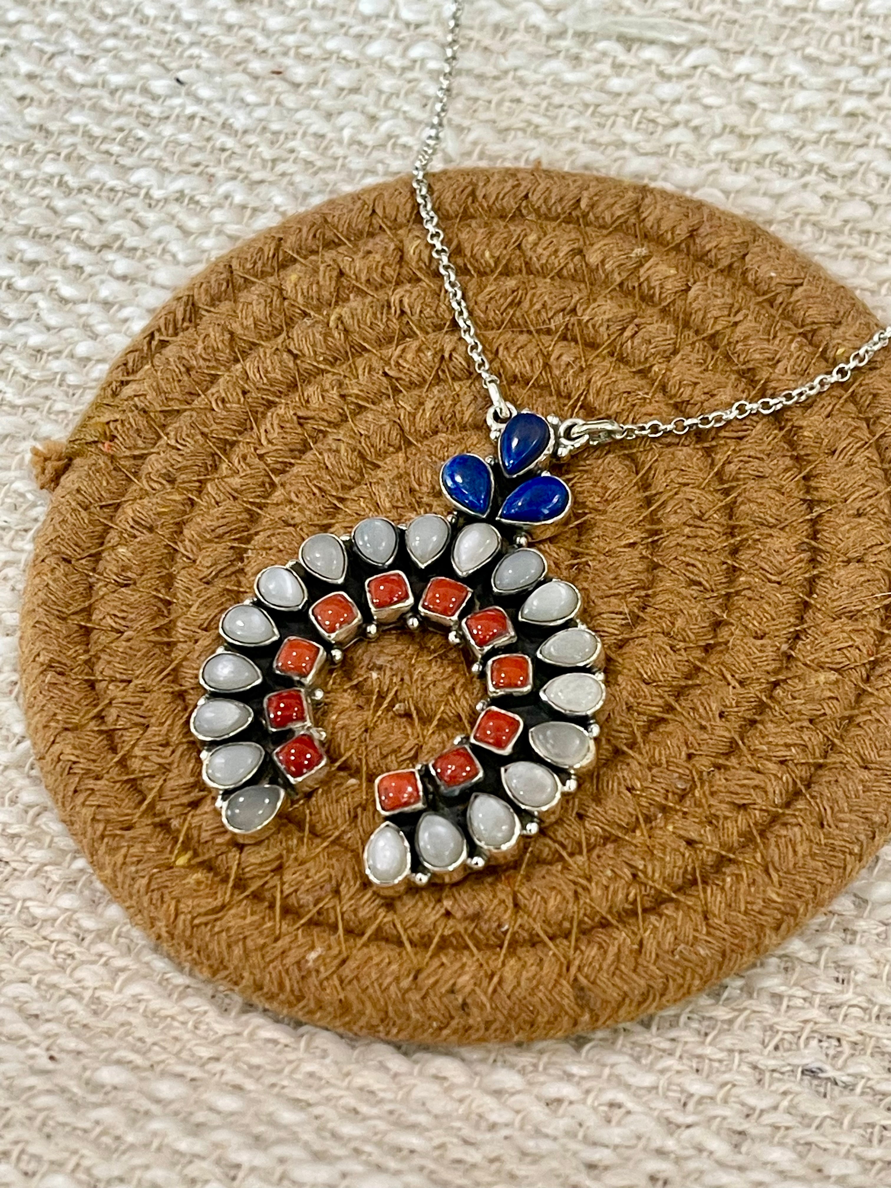 ** 4TH OF JULY ** Handmade Sterling Silver Synthetic Opal Necklace with Signed Nizhoni