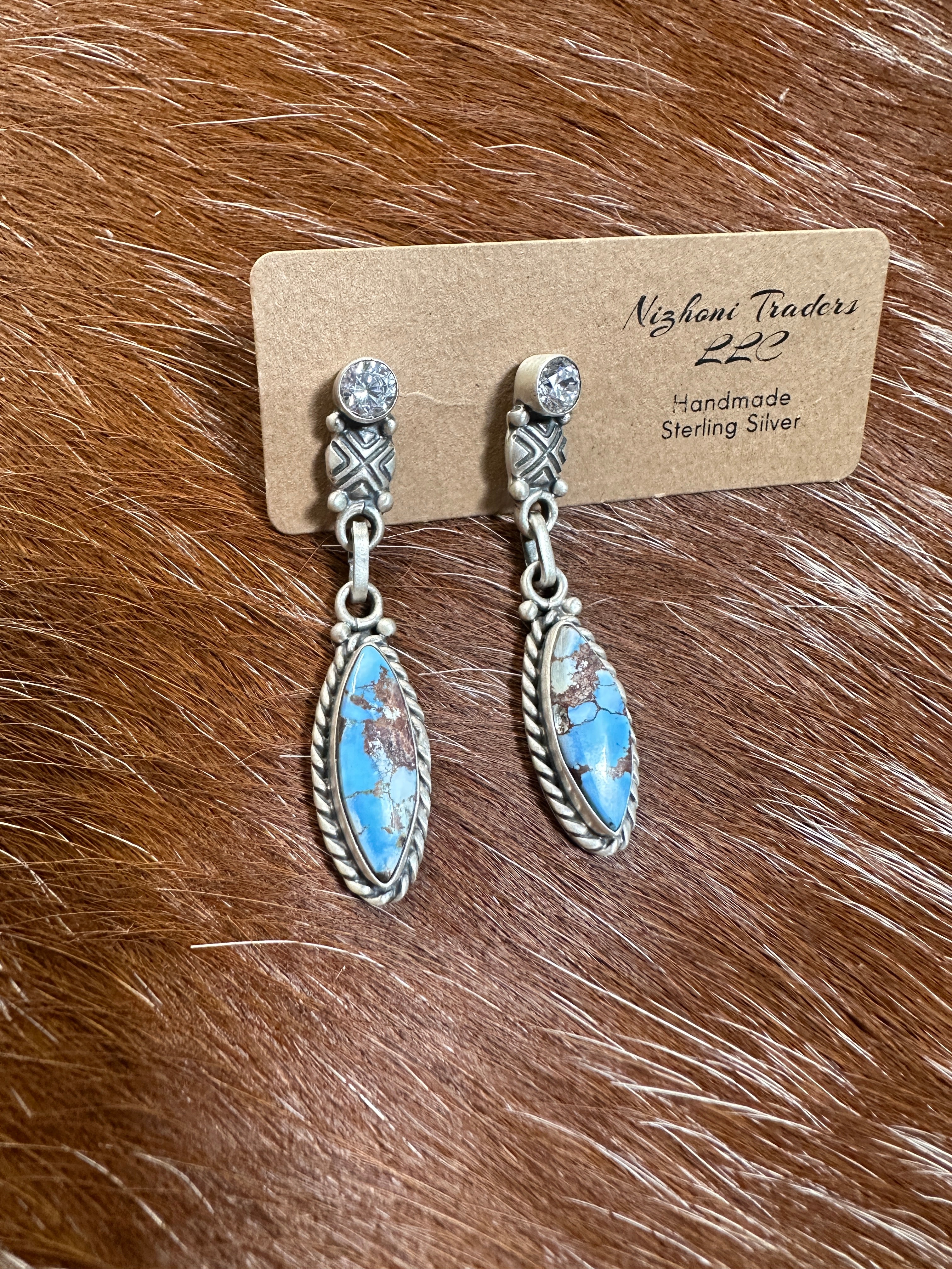 Handmade Sterling Silver Golden Hills Turquoise & CZ Earrings