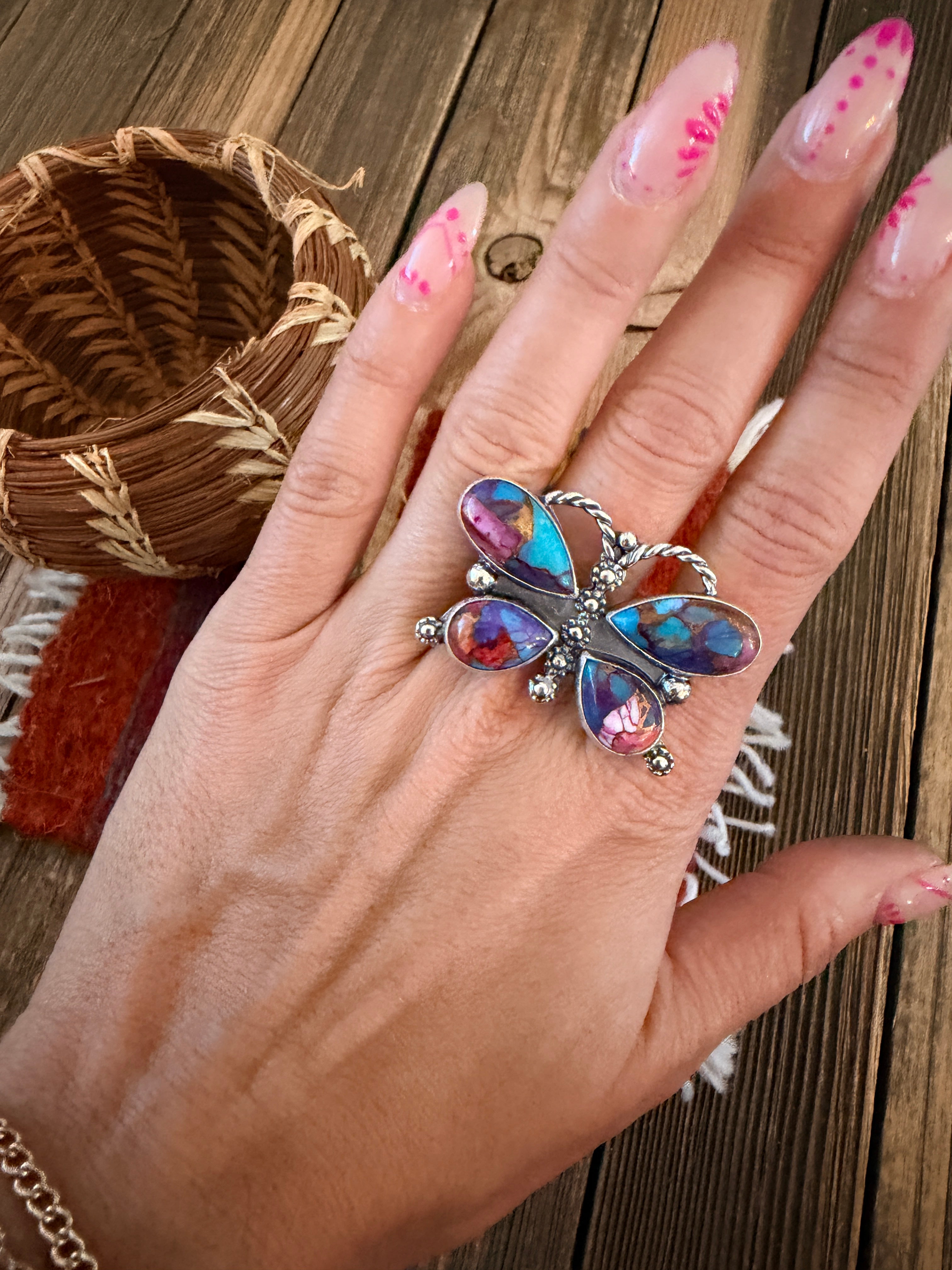 Handcrafted Pink Dream Mojave & Sterling Silver Adjustable Butterfly Ring