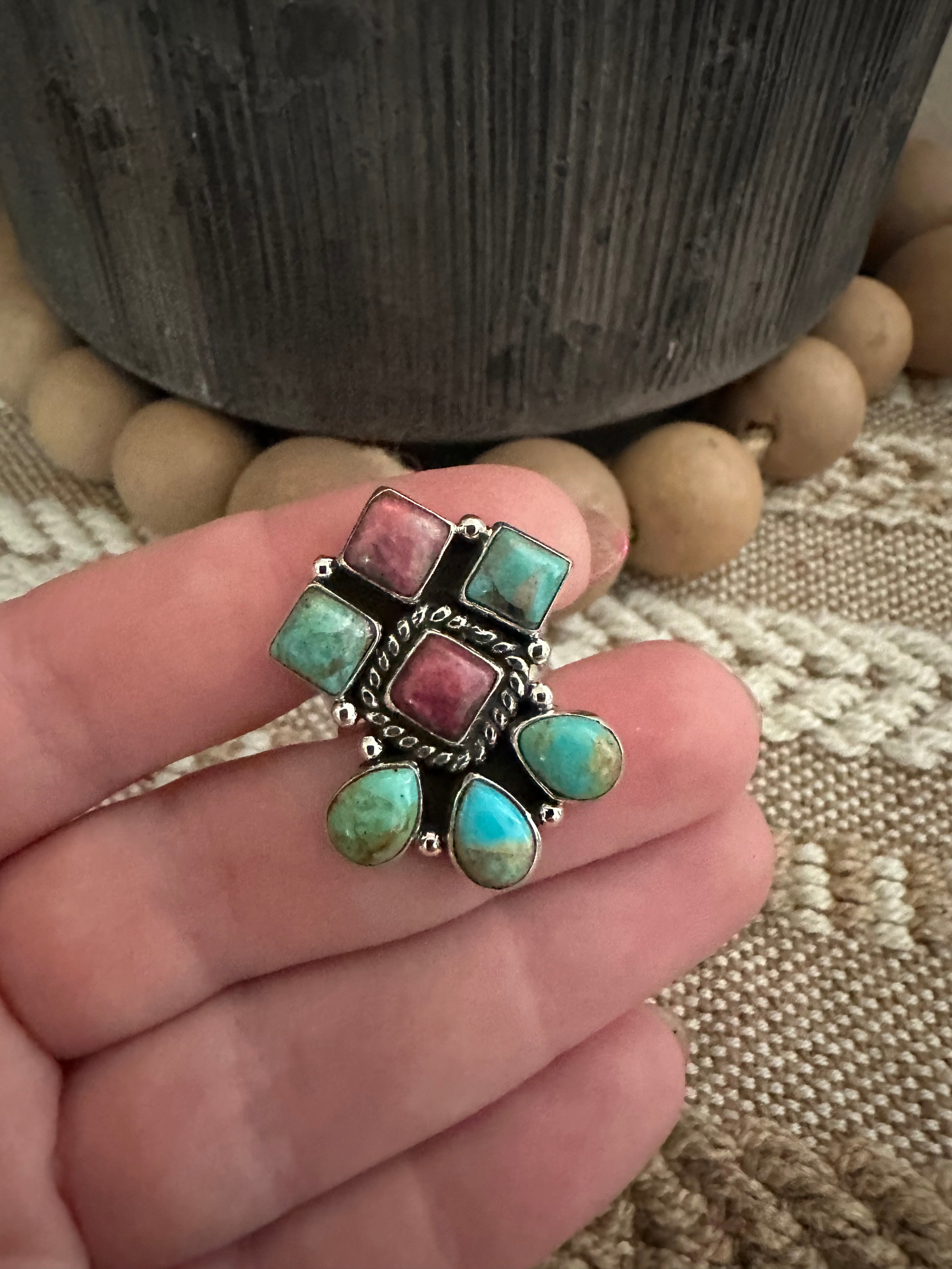 Beautiful Handmade Turquoise, Rhodonite And Sterling Silver Adjustable Ring