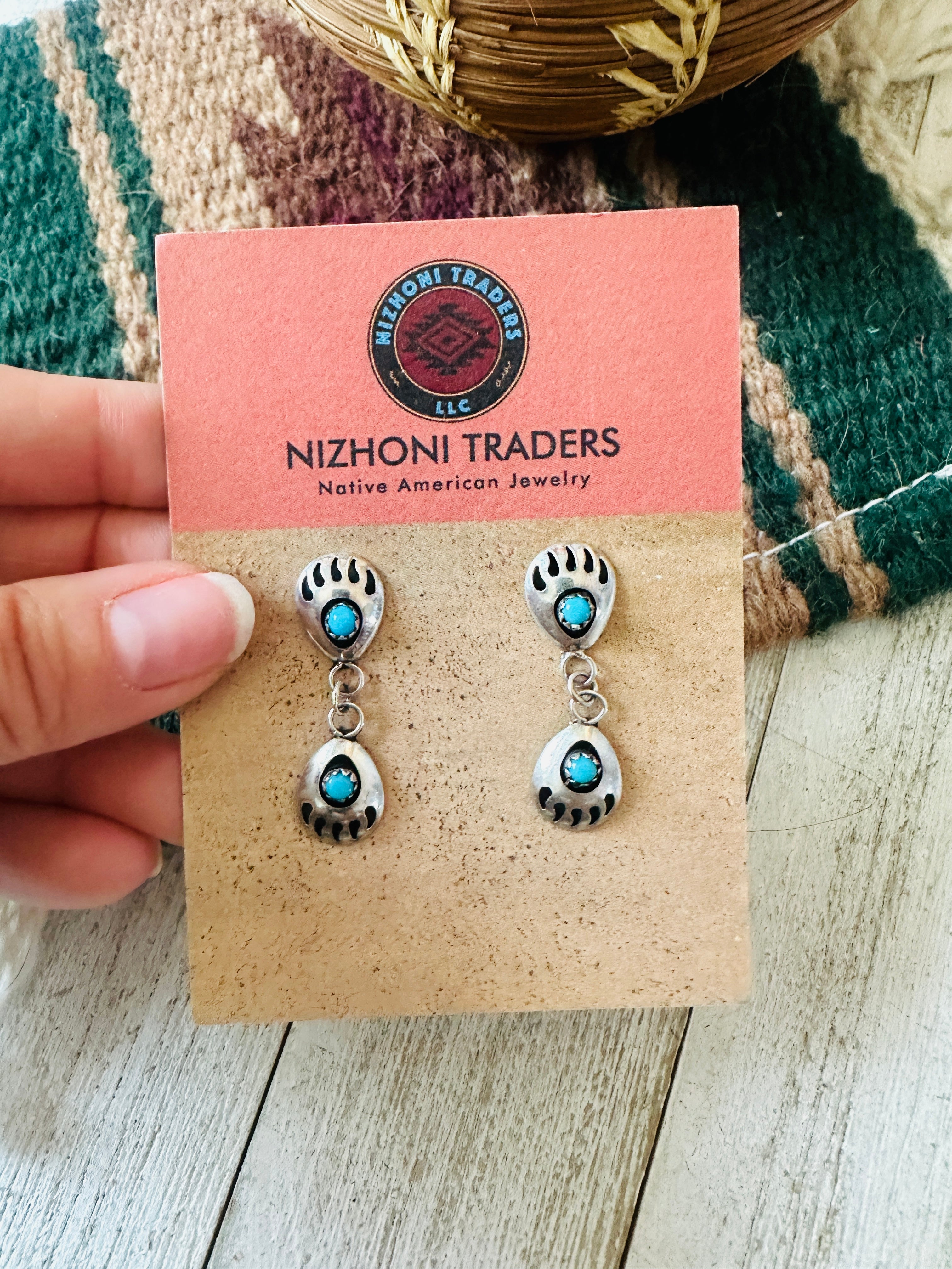 Navajo Turquoise & Sterling Silver Bear Paw Dangle Earrings