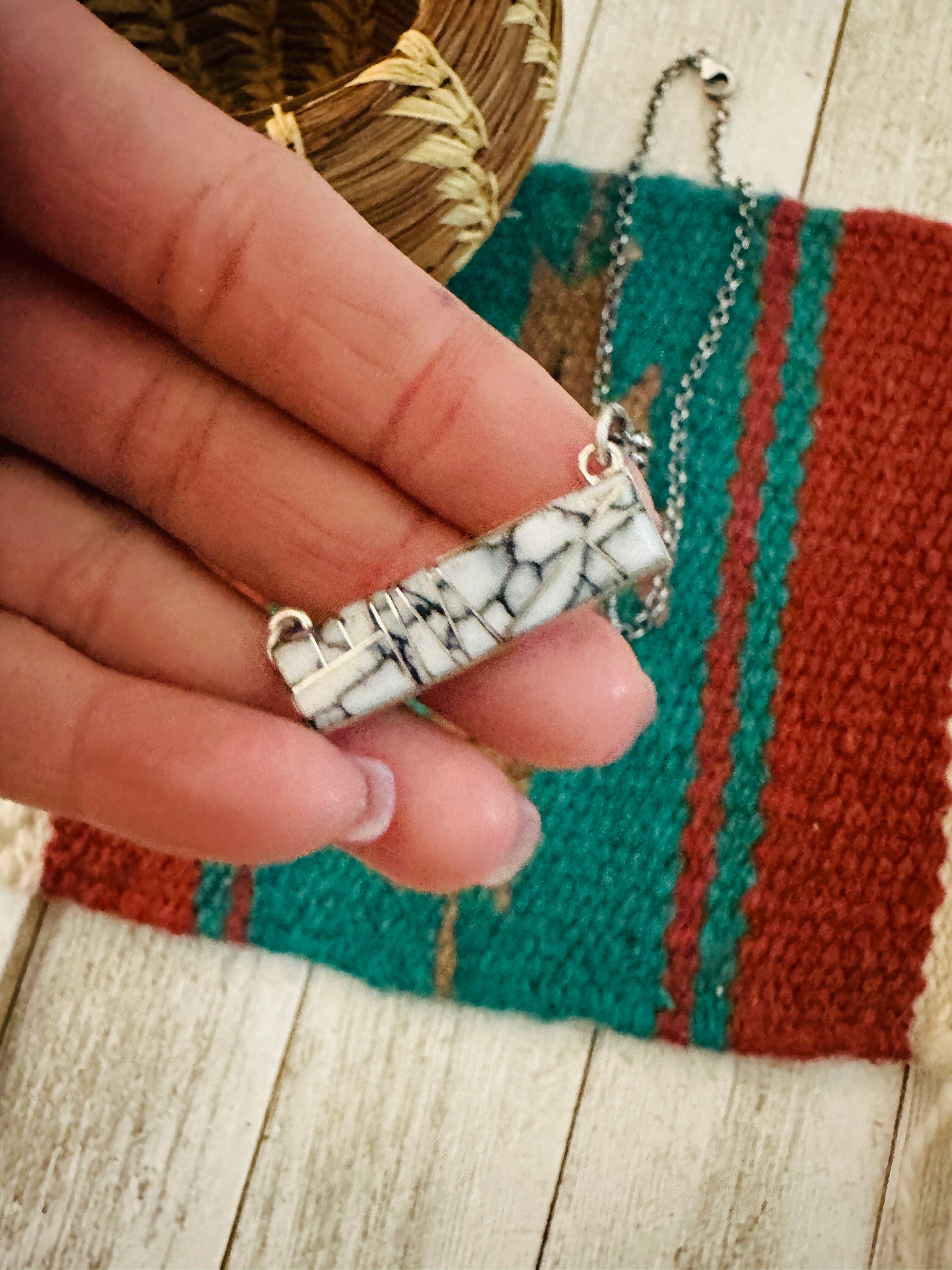 Navajo Howlite Sterling Silver Inlay Bar Necklace