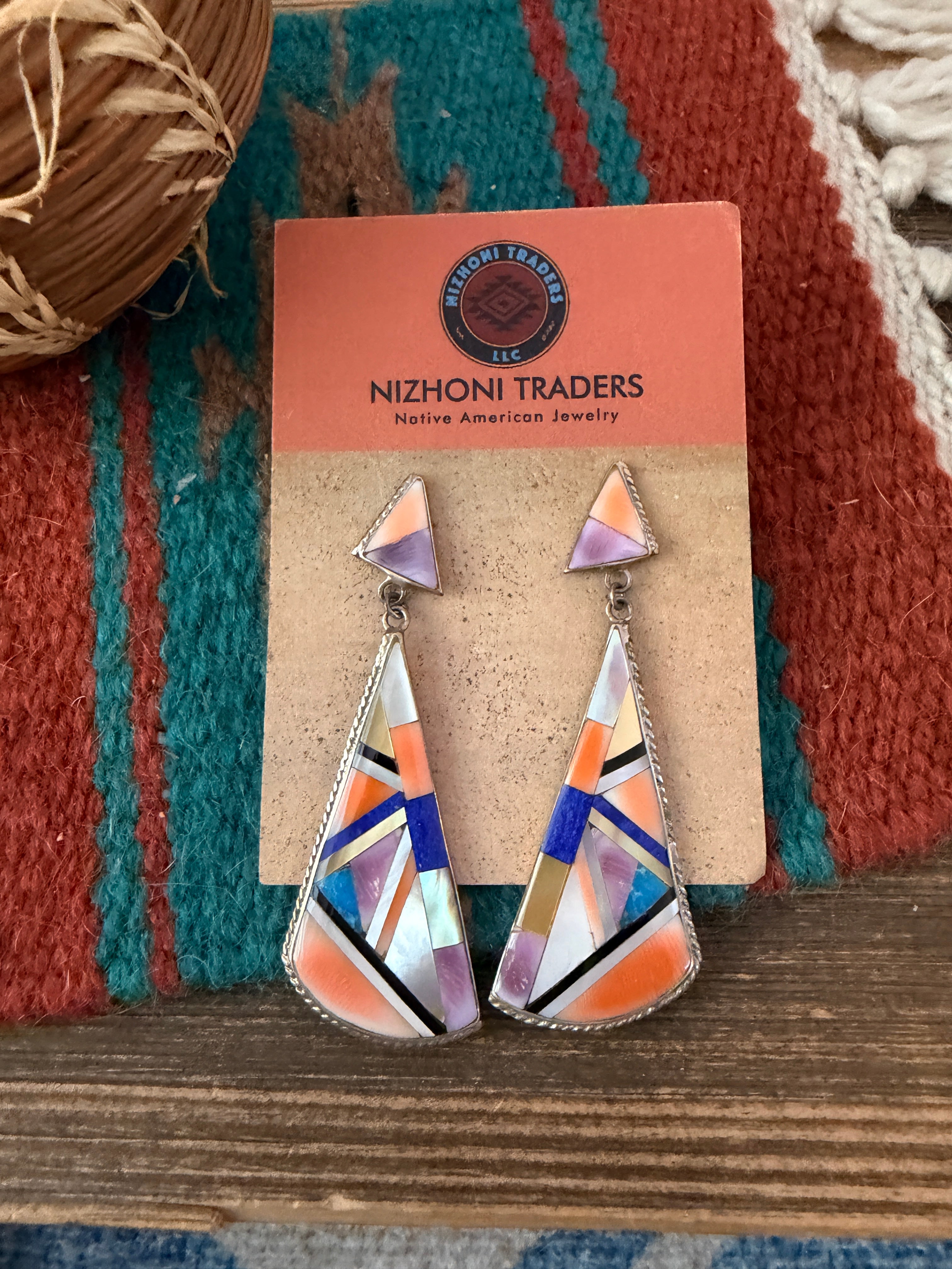 Old Pawn Handcrafted Sterling Silver & Multi Stone Inlay Dangle Earrings